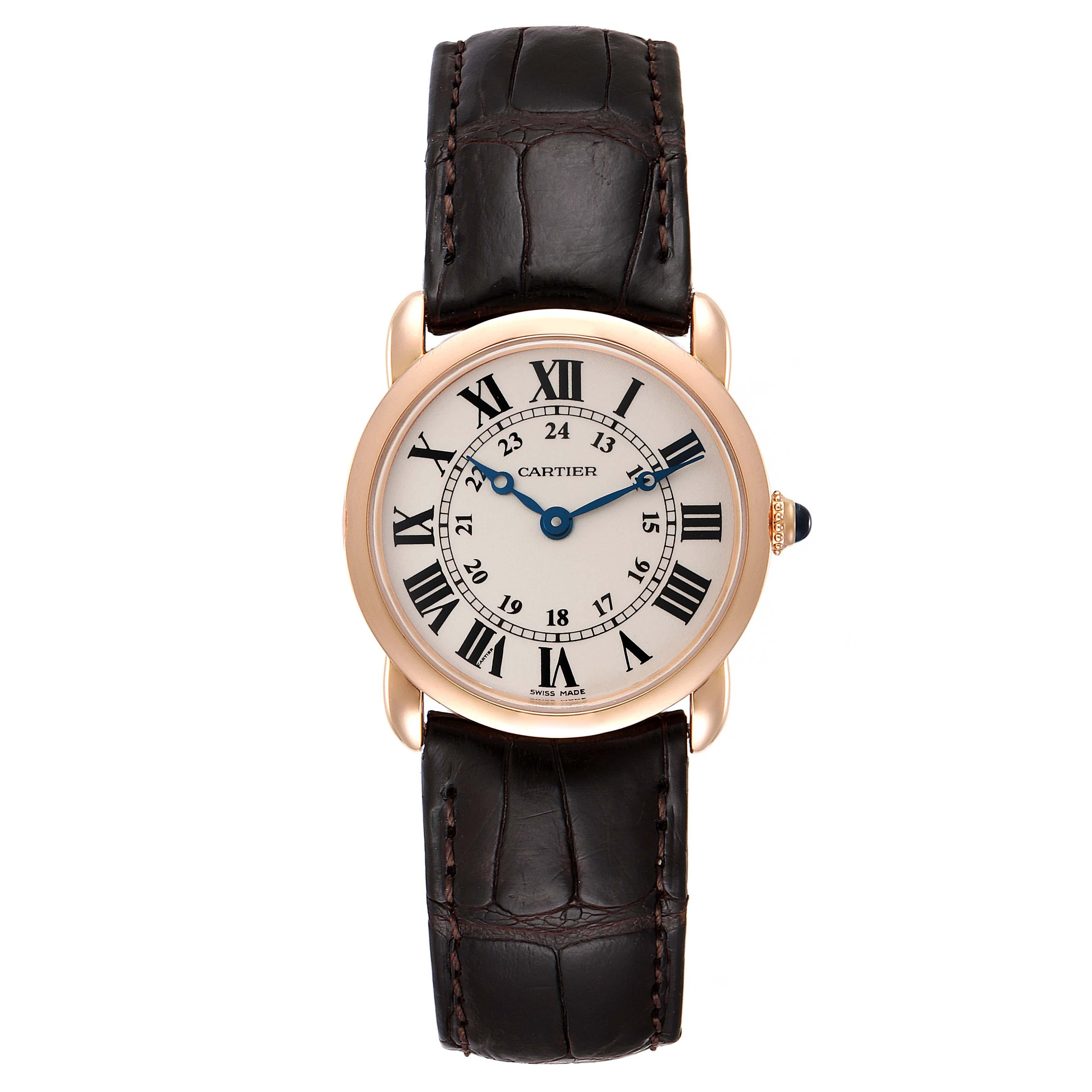 Cartier Ronde Louis Rose Gold Small Ladies Watch W6800151 Box Papers. Quartz movement. 18K rose gold case 29.0 mm in diameter. Case thikness 6.63 mm. Circular grained crown set with the blue sapphire cabochon. 18K rose gold bezel. Scratch resistant