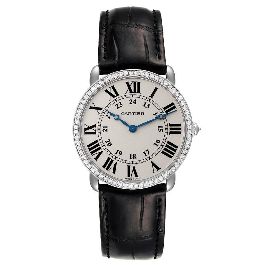 Cartier Ronde Louis White Gold Diamond Mens Watch WR000551. Manual winding movement. 18k white gold case 36 mm in diameter. Circular grained crown set with the diamond. Original Cartier factory set diamond bezel. Scratch resistant sapphire crystal.