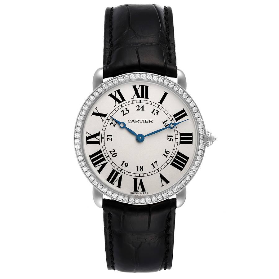 Cartier Ronde Louis White Gold Diamond Mens Watch WR000551. Manual winding movement. 18k white gold case 36 mm in diameter. Circular grained crown set with the diamond. Original Cartier factory diamond bezel. Scratch resistant sapphire crystal.