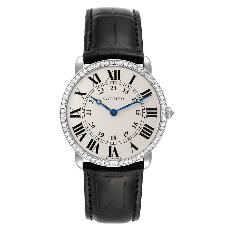 Cartier Ronde Louis White Gold Diamond Mens Watch WR000551. Manual winding movement. 18k white gold case 36 mm in diameter. Circular grained crown set with an original Cartier factory diamond. Original Cartier factory diamond bezel. Scratch