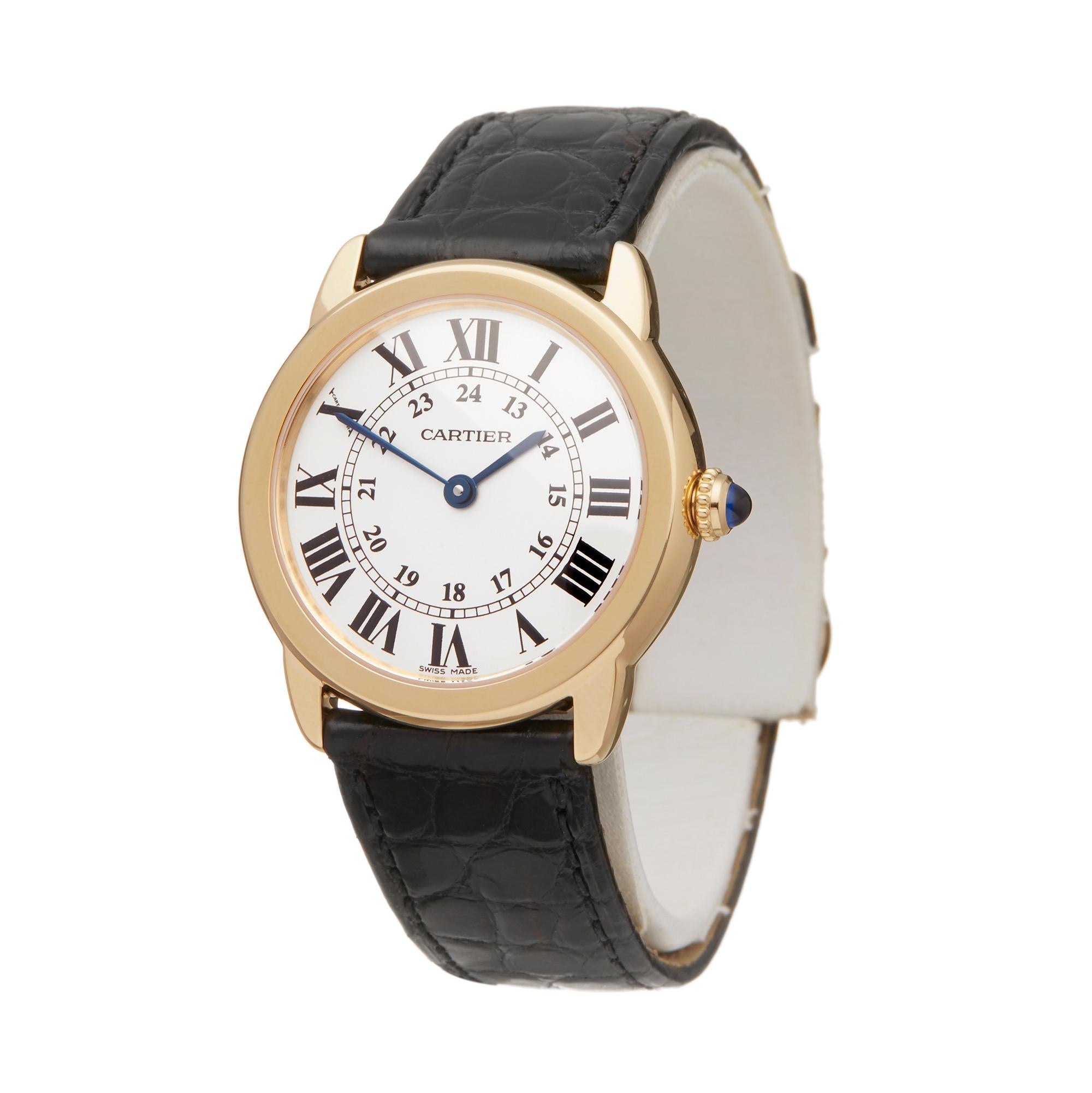 Reference: W5980
Manufacturer: Cartier
Model: Ronde Solo
Model Number: W6700355 or 2987
Date: 9th December 2015
Gender: Women's
Box and Papers: Box, Manuals and Guarantee
Dial: Silver Roman
Glass: Sapphire Crystal
Movement: Quartz
Water Resistance: