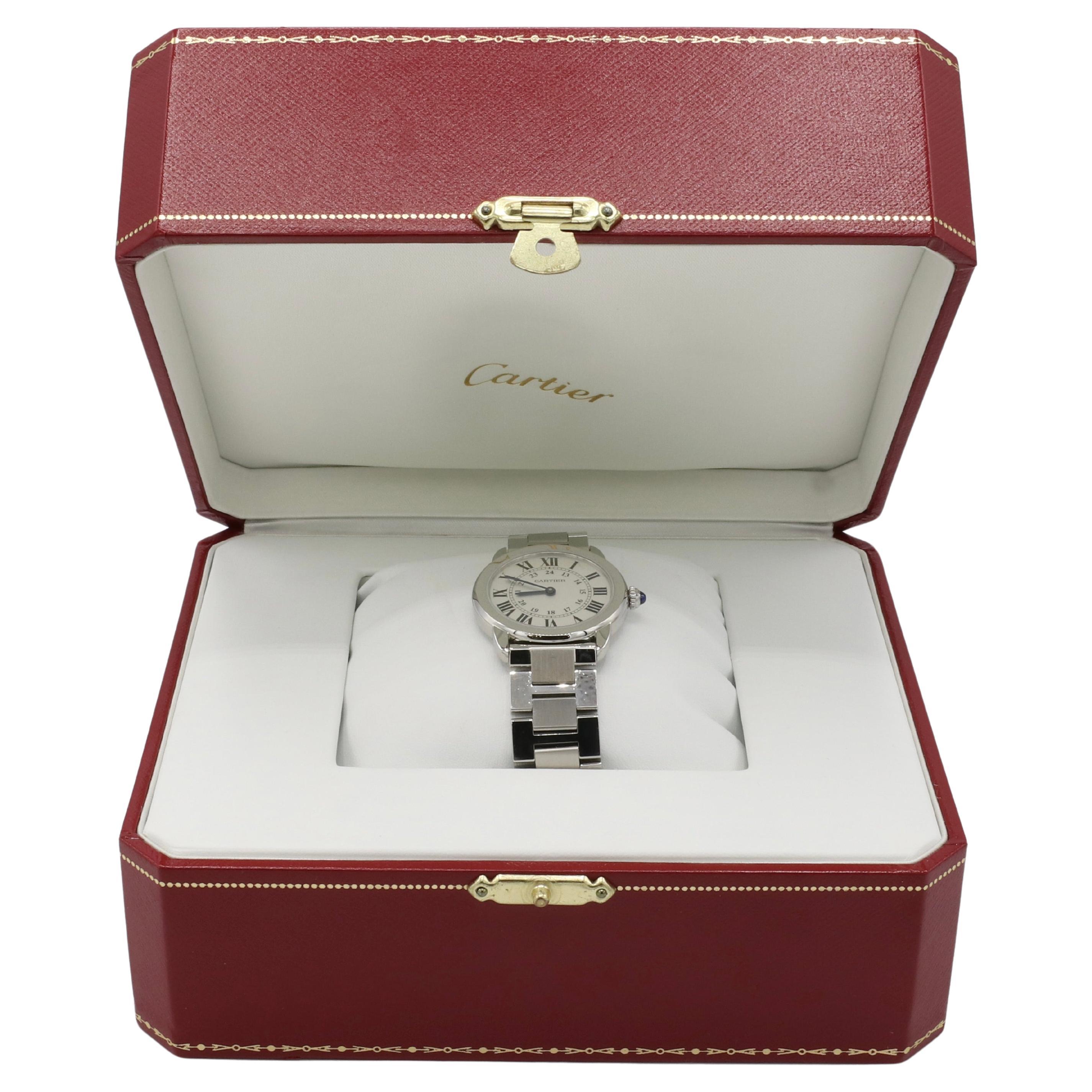 Cartier Ronde Solo 29MM Stainless Steel Women's Watch W6701004 3601 
Metal: Stainless steel
Case size: 29mm
Dial: Silver
Reference: W6701004 3601 
Movement: Quartz
Wrist size: 7 inches when clasped 
Crystal: Sapphire
Note: Box included
