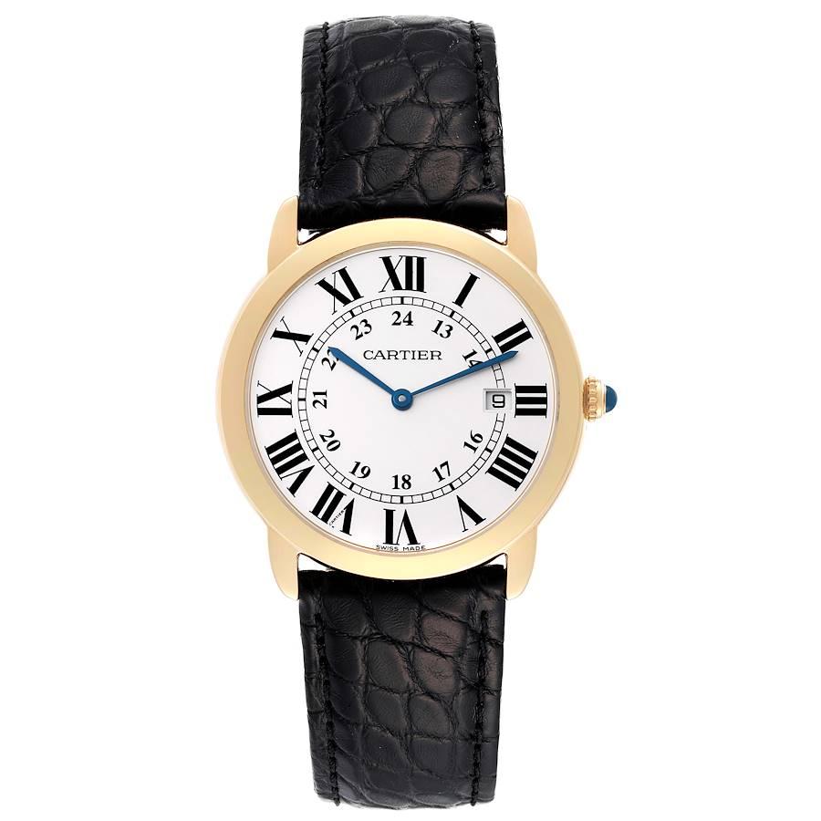 Cartier Ronde Solo 36mm Large Yellow Gold Steel Mens Watch W6700455. Quartz movement. 18K yellow gold and stainless steel case 36.0 mm in diameter. Circular grained crown set with the blue spinel cabochon. . Scratch resistant sapphire crystal.