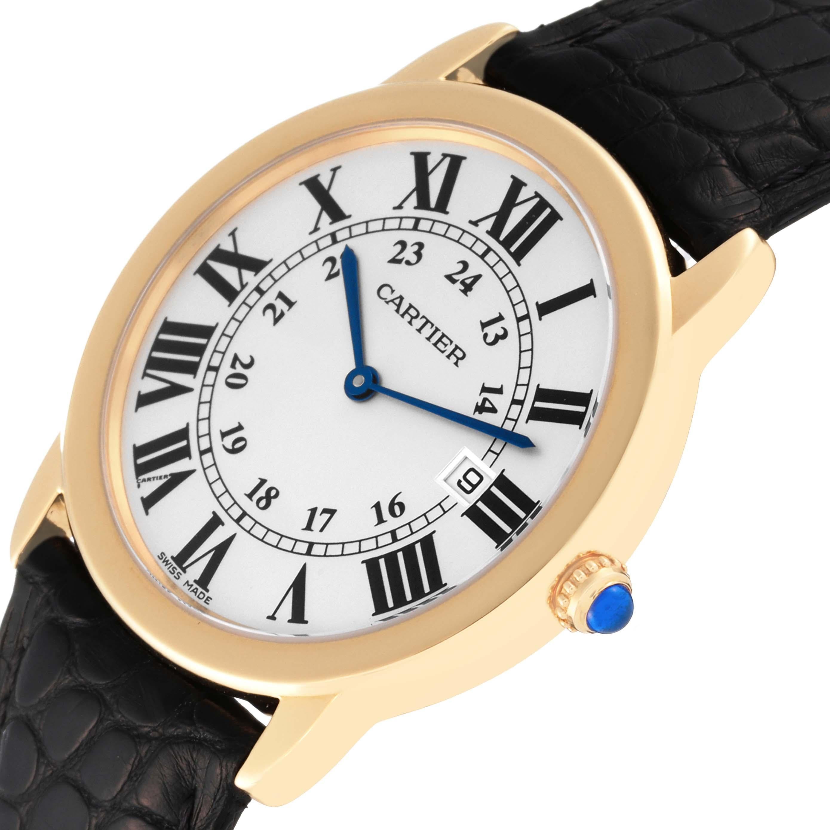 Cartier Ronde Solo 36mm Large Yellow Gold Steel Mens Watch W6700455. Quartz movement. 18K yellow gold and stainless steel case 36.0 mm in diameter. Circular grained crown set with a blue spinel cabochon. . Scratch resistant sapphire crystal.