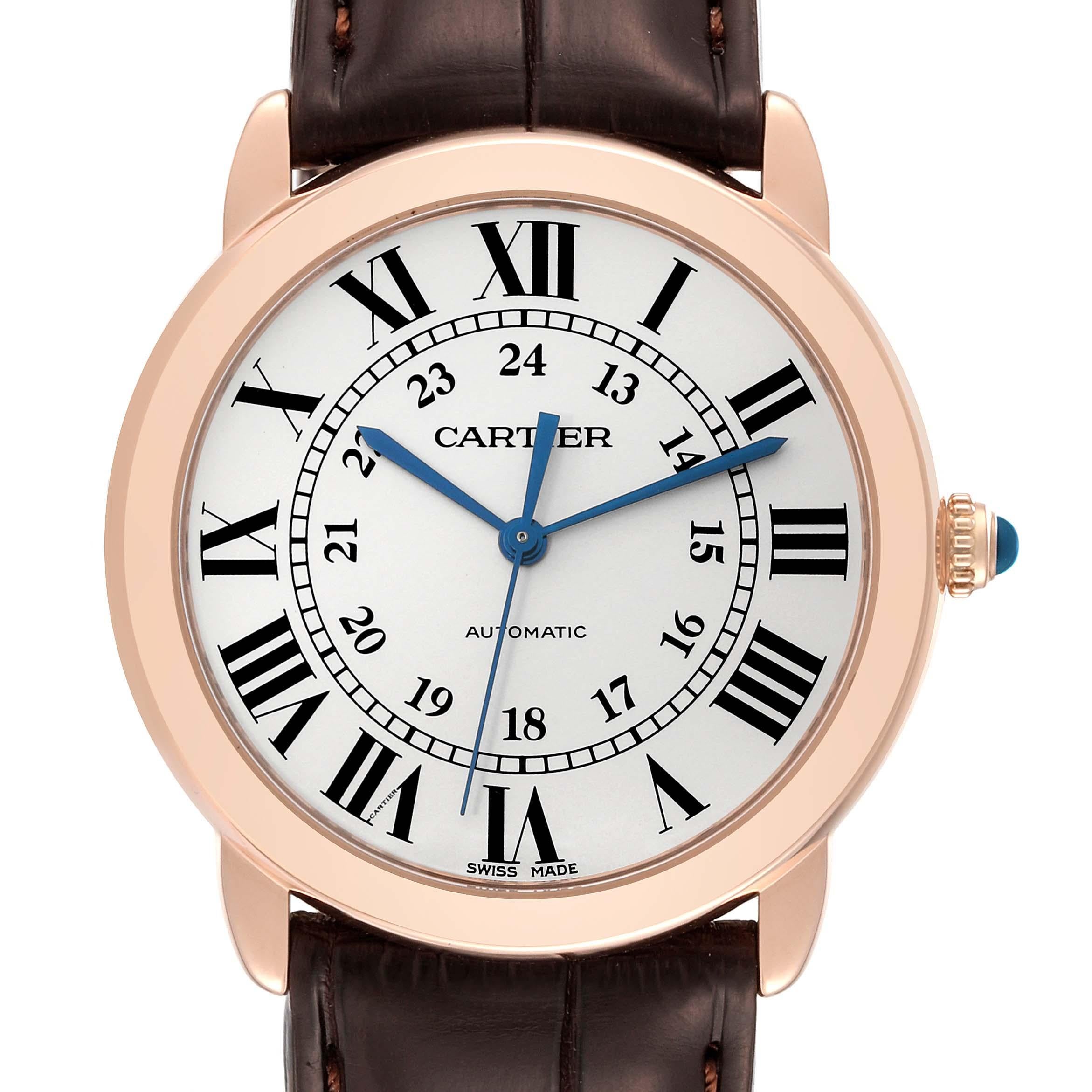 Cartier Ronde Solo 36mm Rose Gold Steel Automatic Mens Watch W2RN0008 Card. Automatic self-winding movement. 18K rose gold and Stainless steel case 36.0 mm in diameter. Circular grained crown set with the blue spinel cabochon. . Scratch resistant