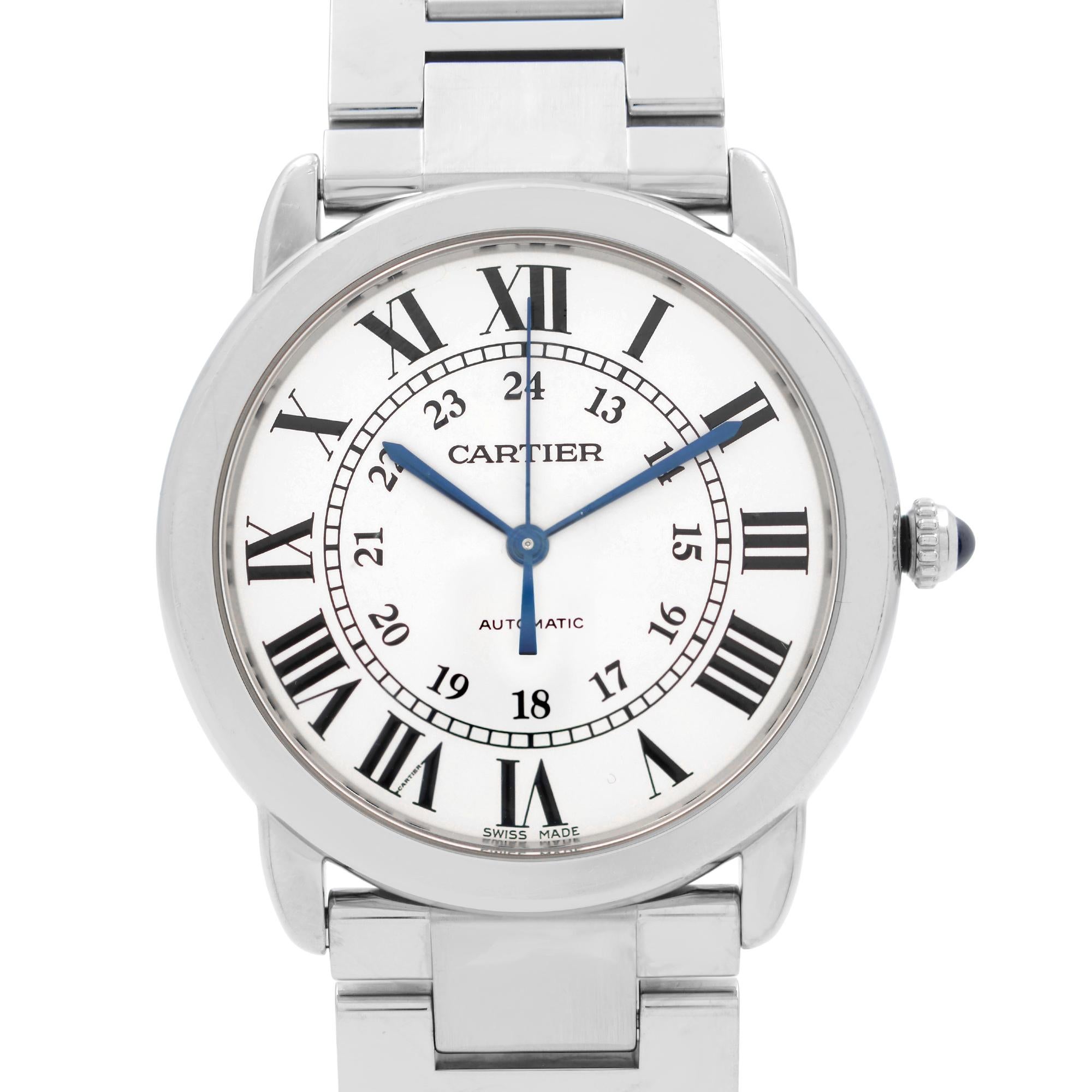 Pre-owned Cartier Ronde Solo 36MM Steel Silver Opaline Dial Unisex Watch WSRN0012. This Beautiful Timepiece Features: Stainless Steel Case with a Stainless Steel Bracelet. Fixed Stainless Steel Bezel. Silver Opaline Dial with Blued-steel