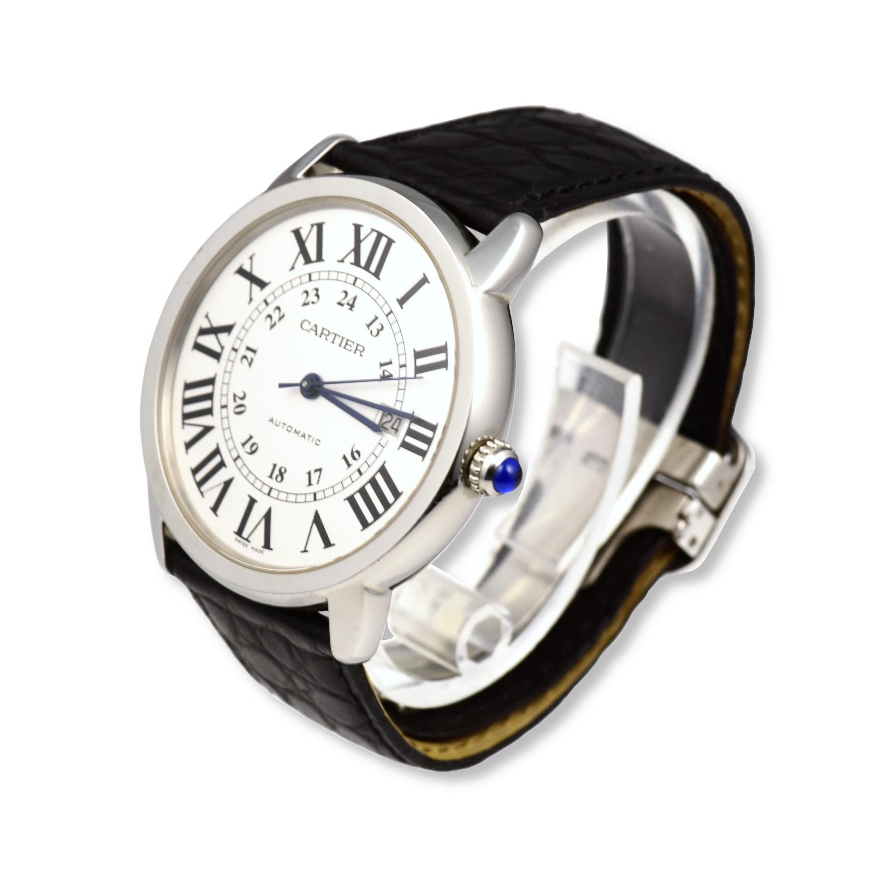 Brand: Cartier
Model: Ronde Solo 
Movement: Automatic 
Case Size: 42 mm
Dial: Roman Numeral
Case Material: Stainless Steel 
Bracelet Material: Leather 
Crystal: Scratch-Resistant Sapphire Glass
Includes: 24 Month Brilliance Jewels Warranty
         