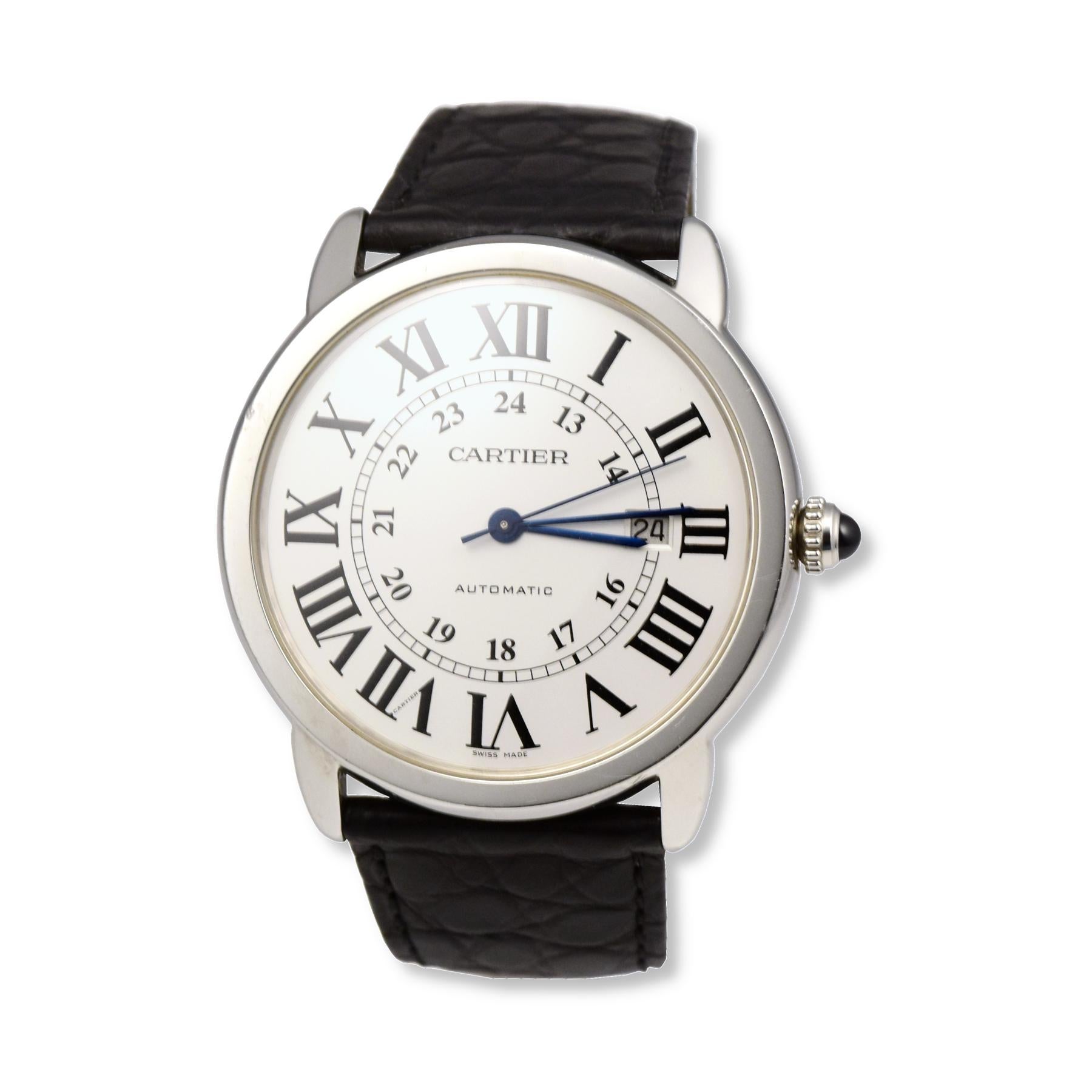 Women's or Men's Cartier Ronde Solo in Stainless Steel Black Leather Strap Watch