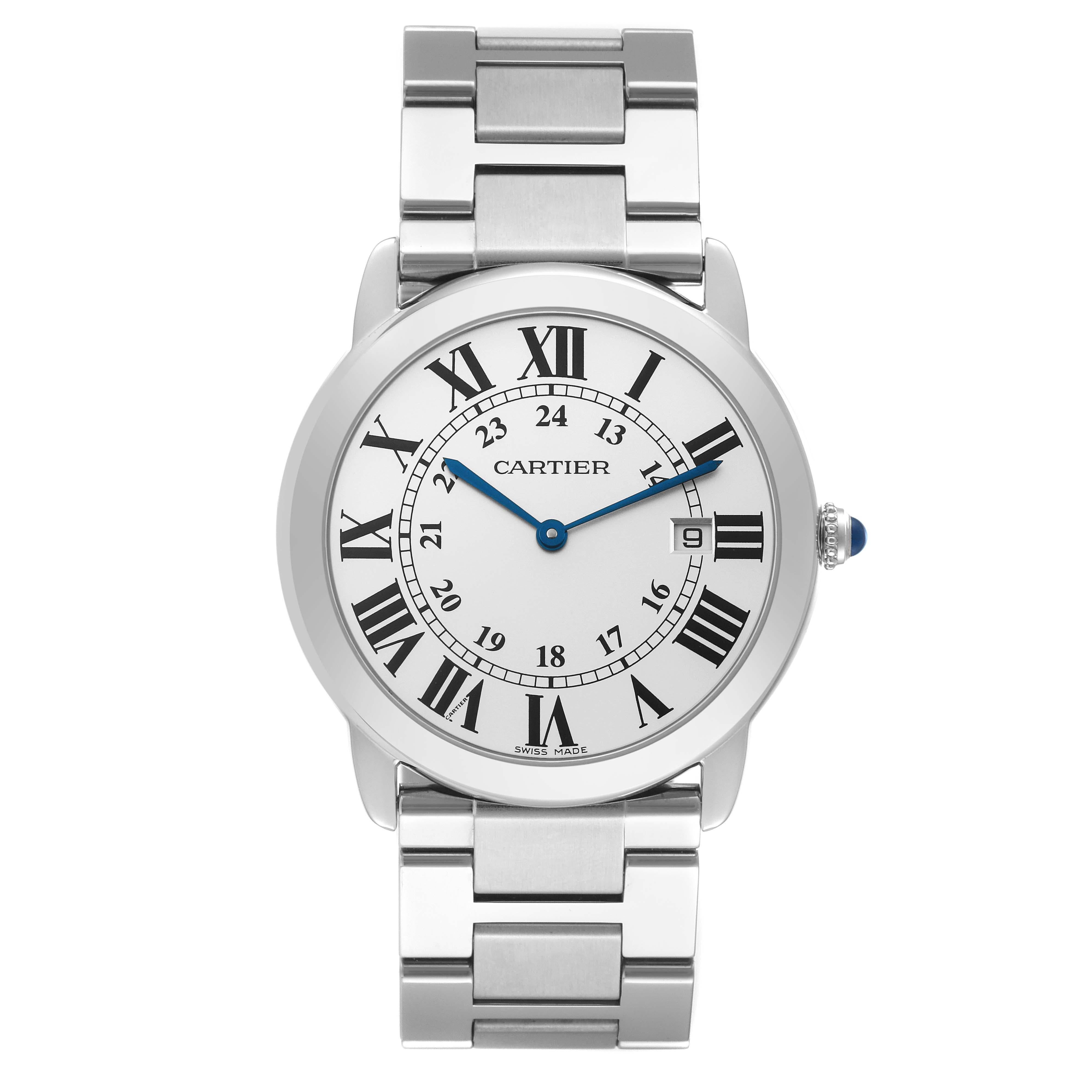 Cartier Ronde Solo Large 36mm Steel Mens Watch W6701005. Quartz movement. Stainless steel case 36.0 mm in diameter. Circular grained crown set with blue spinel cabochon. . Scratch resistant sapphire crystal. Silvered opaline dial with black Roman