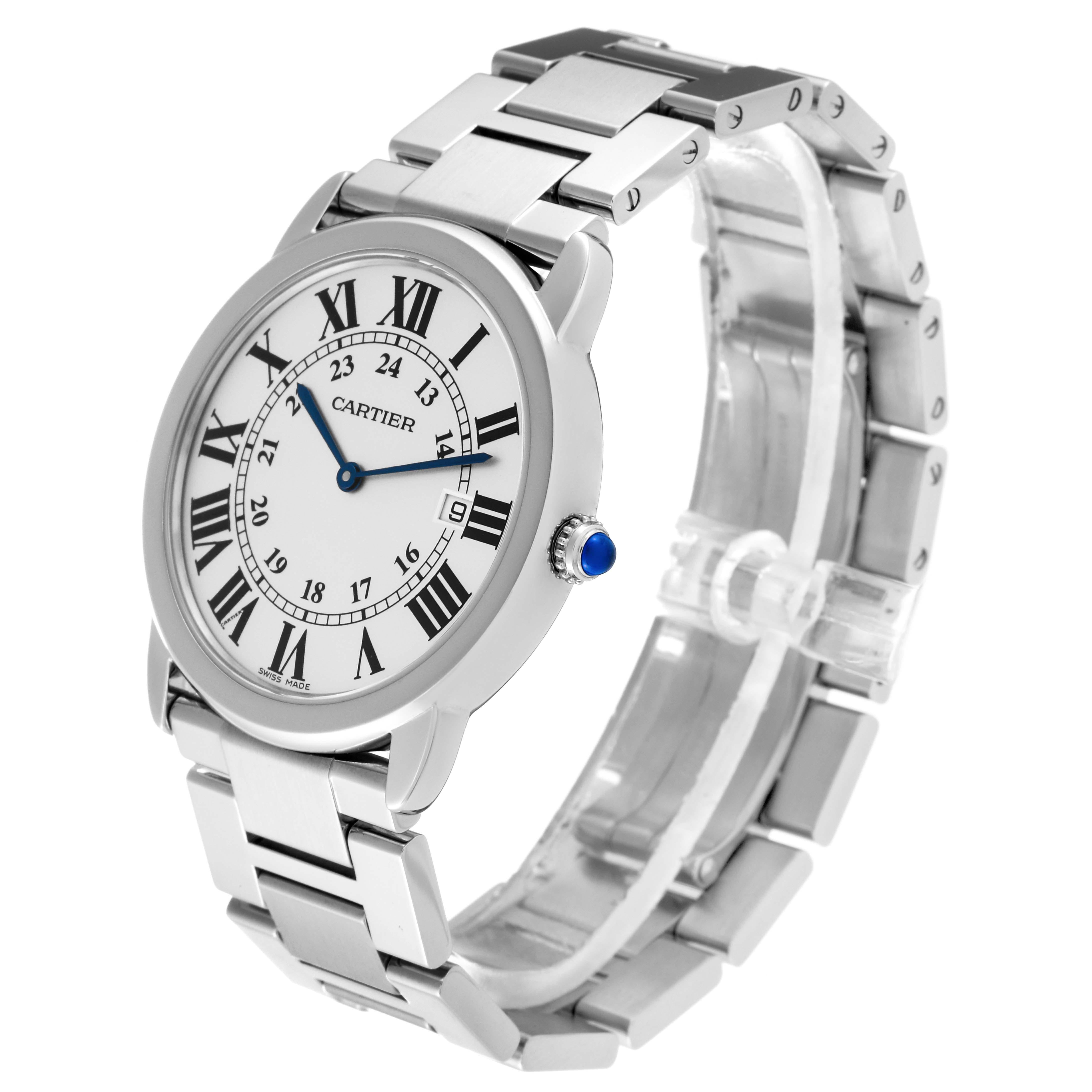 Cartier Ronde Solo Large 36mm Steel Mens Watch W6701005. Quartz movement. Stainless steel case 36.0 mm in diameter. Circular grained crown set with blue spinel cabochon. . Scratch resistant sapphire crystal. Silvered opaline dial with black Roman