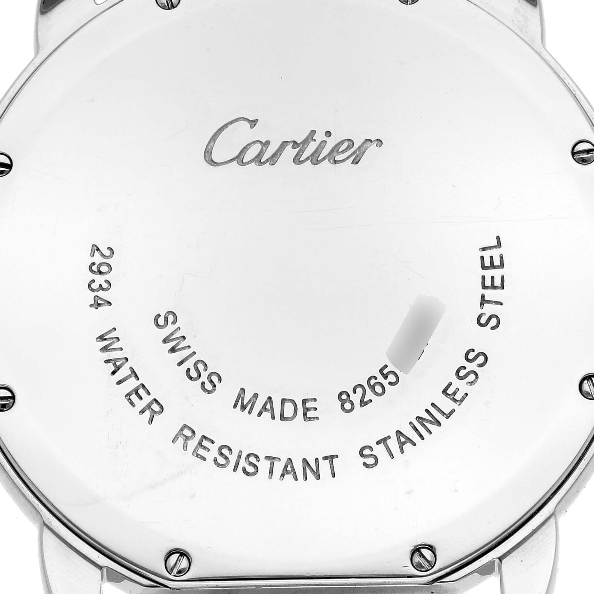 Cartier Ronde Solo Large 36mm Steel Mens Watch W6701005 Papers. Quartz movement. Stainless steel case 36.0 mm in diameter. Circular grained crown set with blue spinel cabochon. . Scratch resistant sapphire crystal. Silvered opaline dial with black