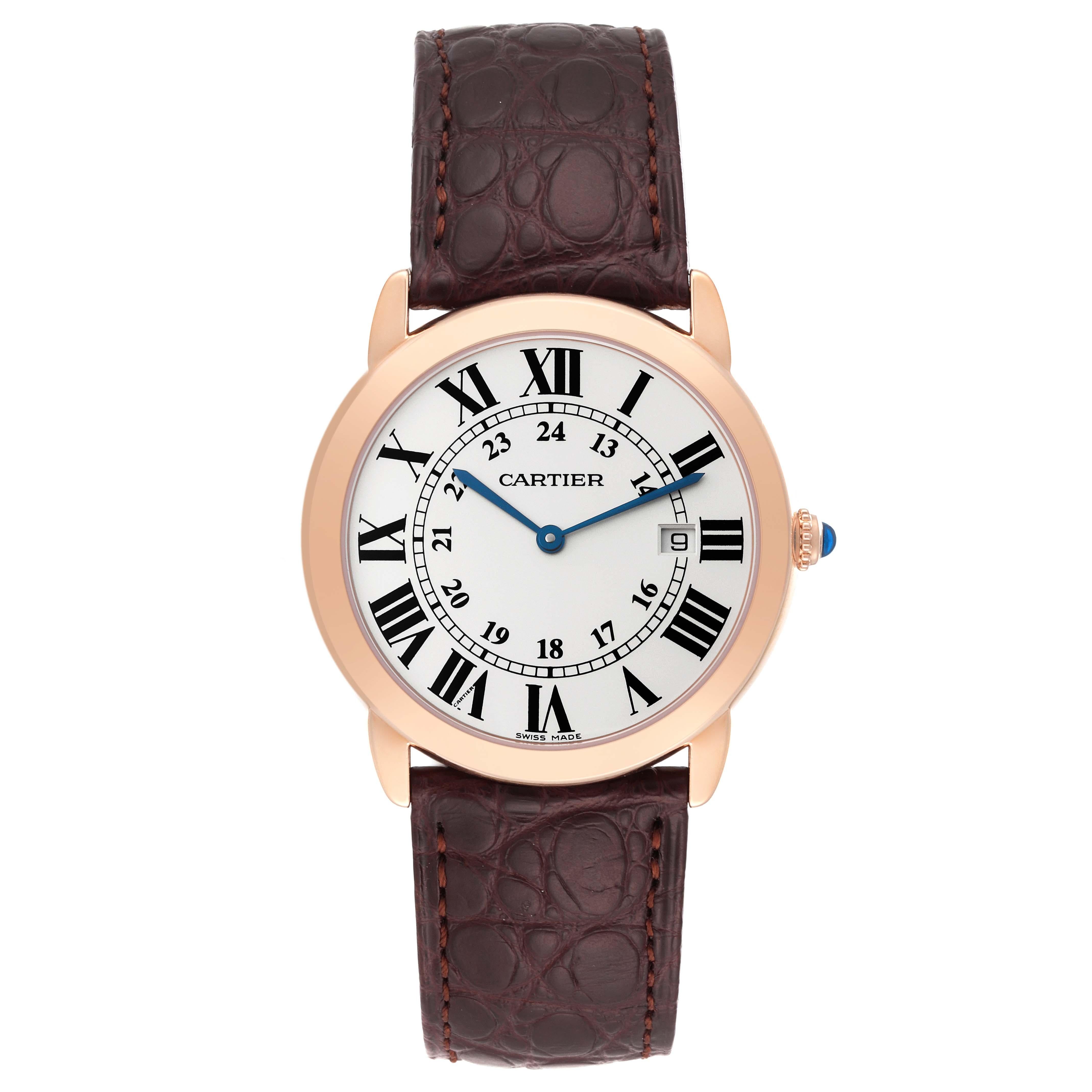 Cartier Ronde Solo Large Rose Gold Steel Mens Watch W6701008 Card. Quartz movement. 18K rose gold case 36.0 mm in diameter. Stainless steel caseback. Circular grained crown set with a blue spinel cabochon. . Scratch resistant sapphire crystal.