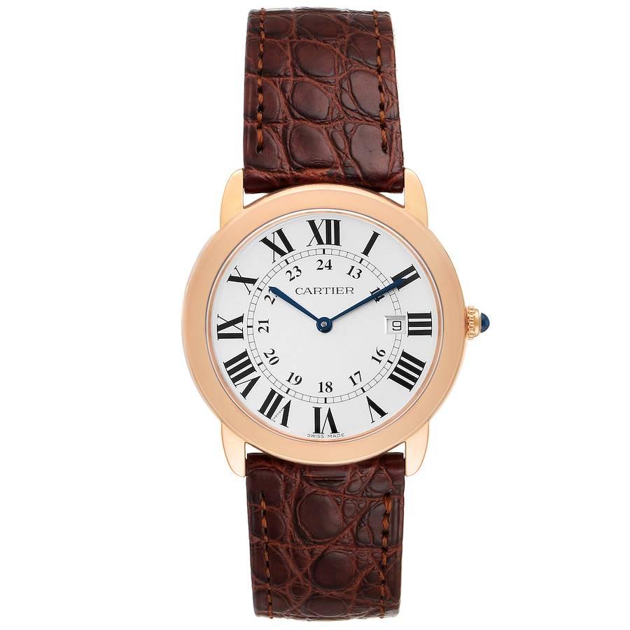Cartier Ronde Solo Large Rose Gold Steel Mens Watch W6701008. Quartz movement. 18K rose gold and stainless steel case 36.0 mm in diameter. Circular grained crown set with the blue spinel cabochon. . Scratch resistant sapphire crystal. Silvered