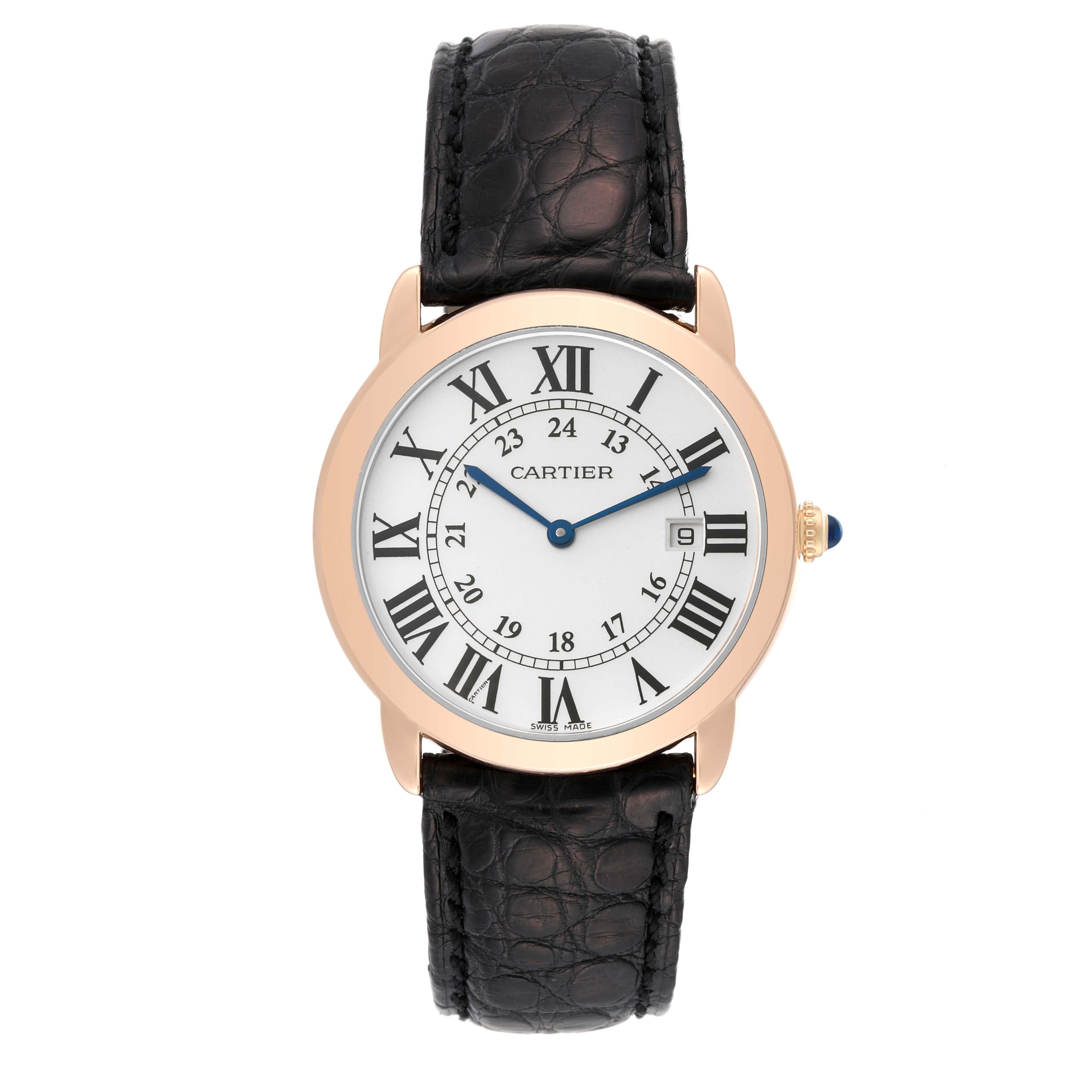 Cartier Ronde Solo Large Rose Gold Steel Mens Watch W6701008 Papers. Quartz movement. 18K rose gold case 36.0 mm in diameter. Stainless steel caseback. Circular grained crown set with a blue spinel cabochon. . Scratch resistant sapphire crystal.