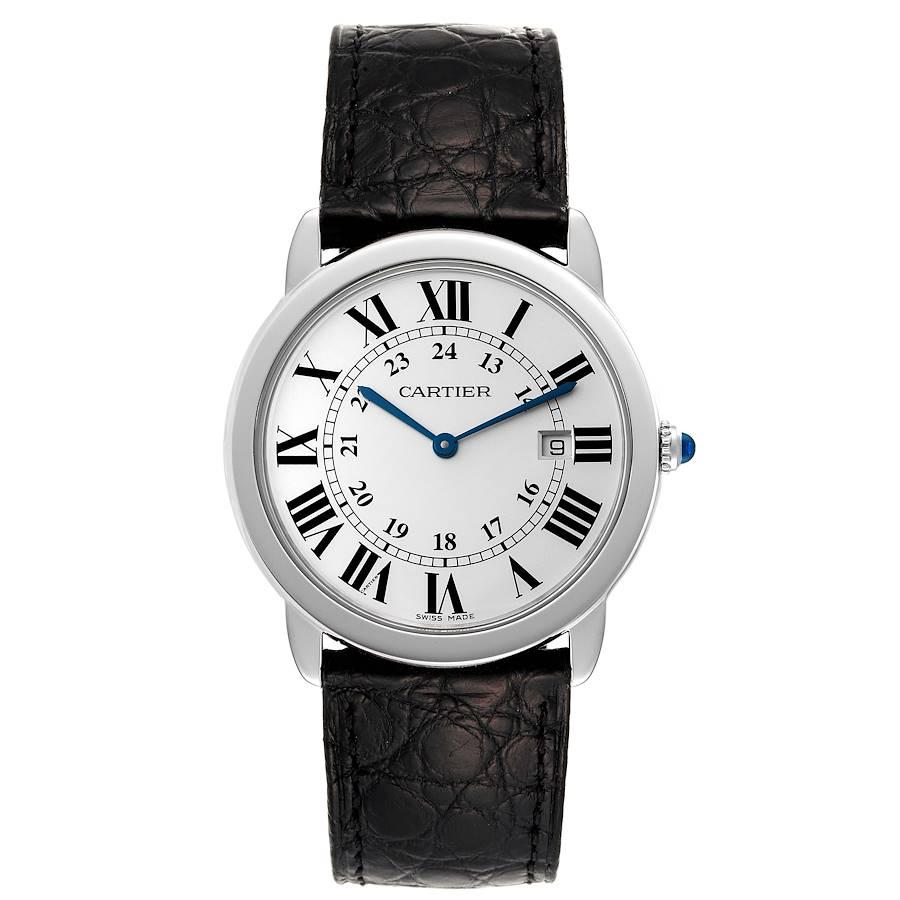 Cartier Ronde Solo Large Silver Dial Steel Mens Watch W6700255 Box Papers. Quartz movement. Stainless steel case 36.0 mm in diameter. Circular grained crown set with a blue spinel cabochon. . Scratch resistant sapphire crystal. Silvered opaline