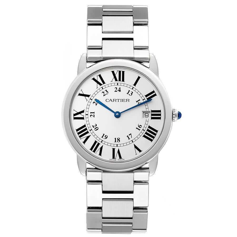 Cartier Ronde Solo Large Stainless Steel Mens Watch W6701005. Quartz movement. Stainless steel case 36.0 mm in diameter. Circular grained crown set with blue spinel cabochon. . Scratch resistant sapphire crystal. Silvered opaline dial. Painted black