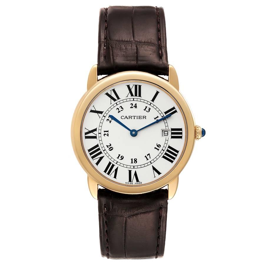 Cartier Ronde Solo Large Yellow Gold Steel Unisex Watch W6700455. Quartz movement. 18K yellow gold and stainless steel case 36.0 mm in diameter. Circular grained crown set with the blue spinel cabochon. . Scratch resistant sapphire crystal. Silvered