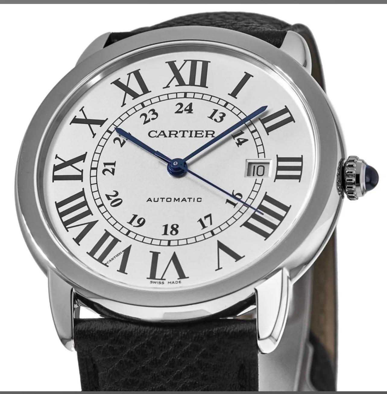 Cartier Ronde Solo Men's  Automatic Steel Watch 821650TX
Its in super excellent condition like new 
3517 , Swiss Made
Water Resistant
Stainless-steel
Leather Belt , Made in France GTI
Case diameter: 42 mm
With Manufacturer Serial Numbers
- Roman