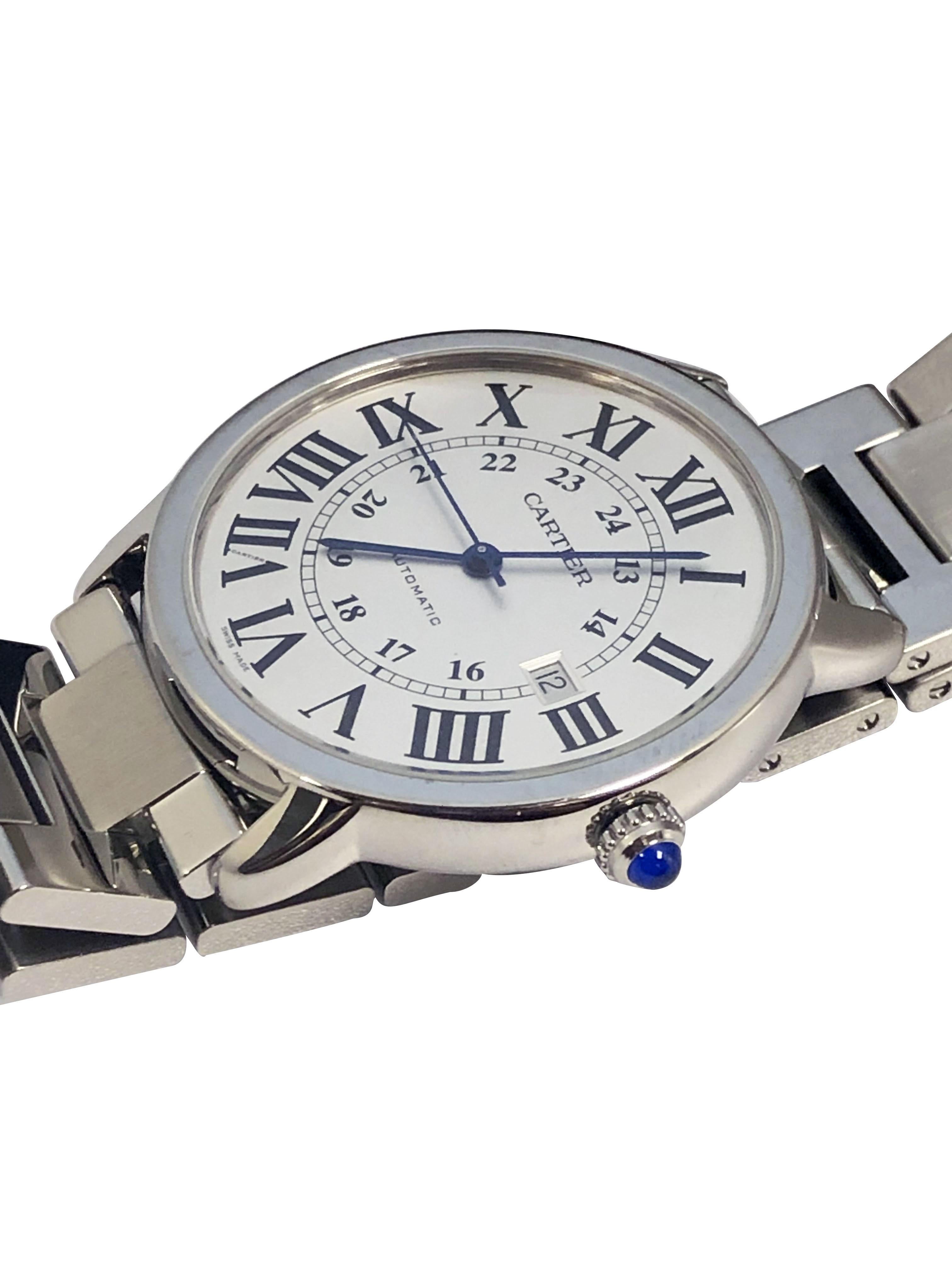 Circa 2018 Cartier Reference 3517 Ronde Solo Wrist Watch, 42 M.M. 2 piece Stainless Steel Water Resistant case, Automatic, Self winding movement, Sapphire set crown, Sapphire Glass Crystal, Silver dial with Black Roman numerals, Calendar Window at