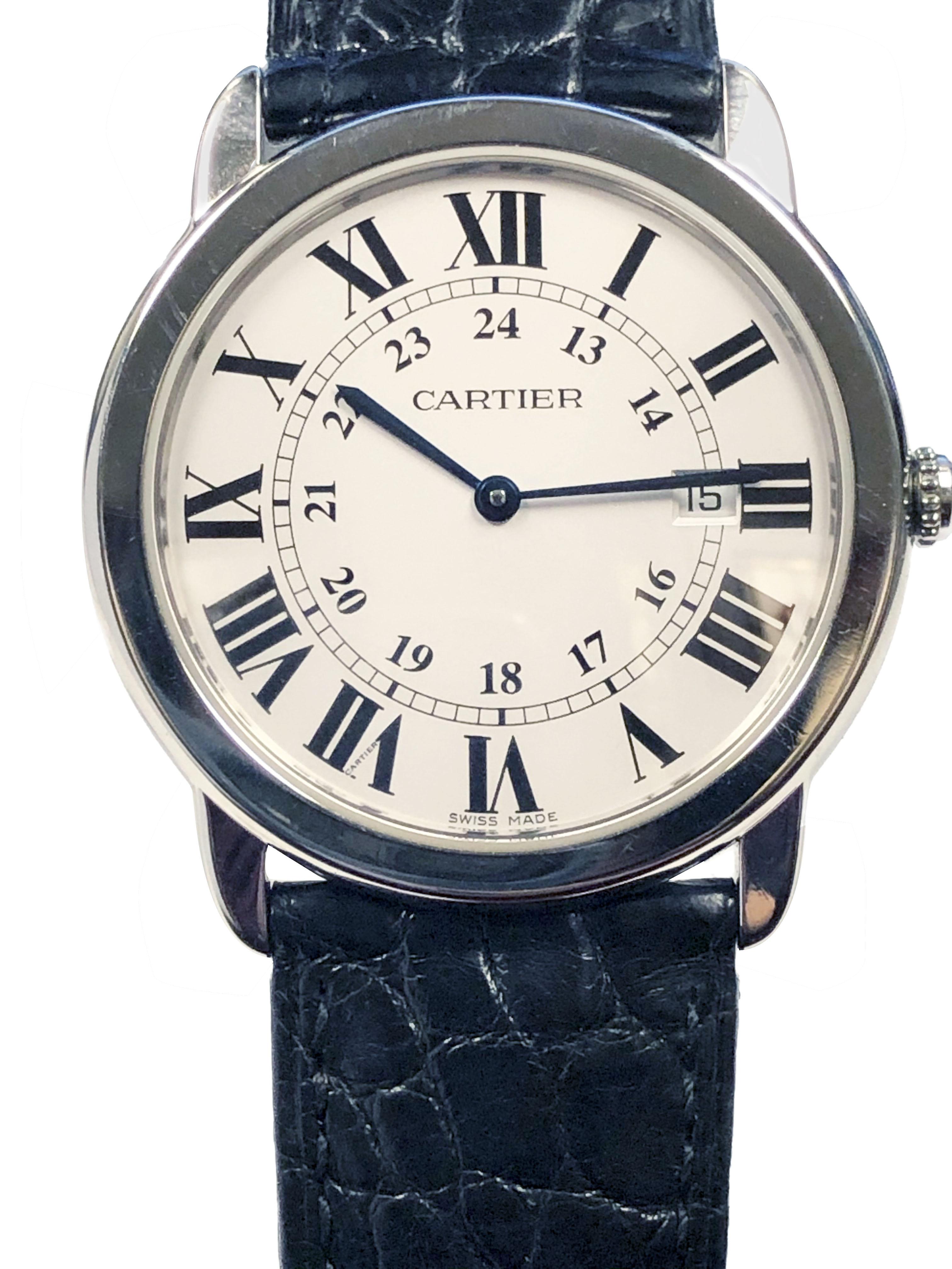 Circa 2015 Cartier Ronde Solo, Reference 3603 Wrist Watch, 36 M.M. 2 Piece Stainless Steel, Water Resistant case. Silver Satin dial with Black Roman Numerals and a Calendar window at the 3 position, Sapphire Crown and Scratch resistant Sapphire