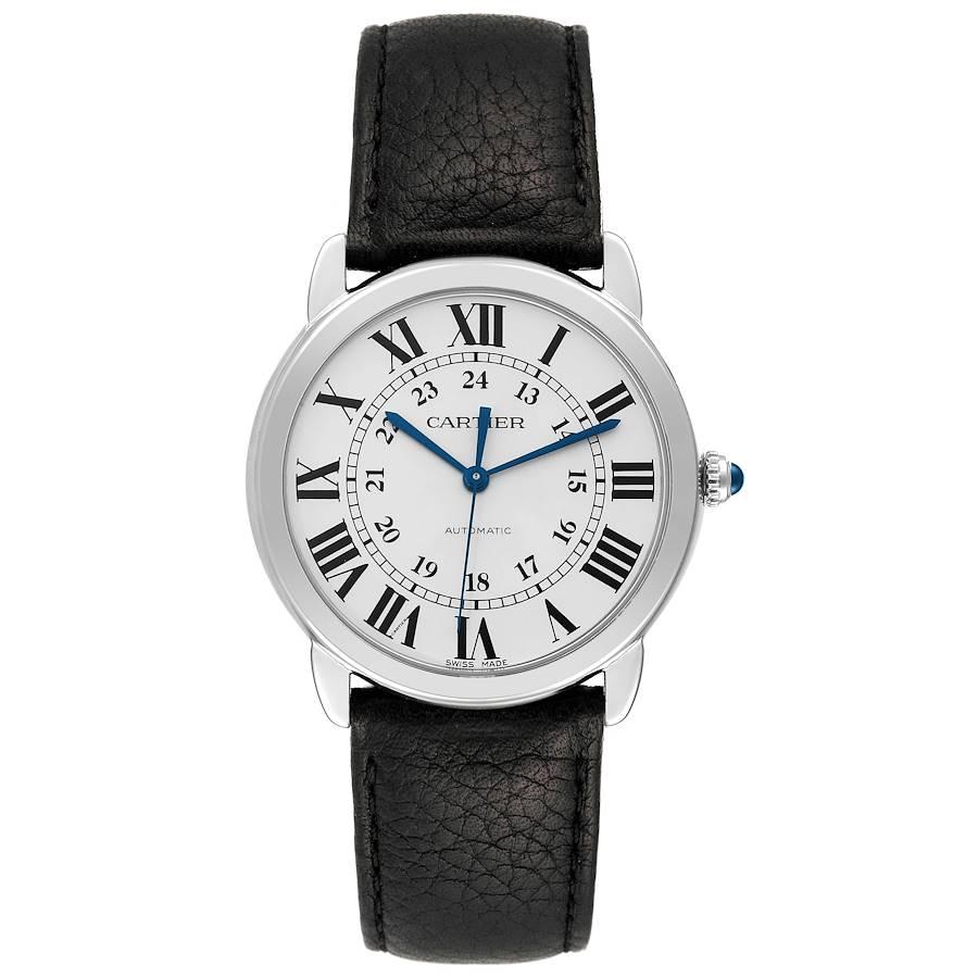 Cartier Ronde Solo Silver Dial Automatic Steel Mens Watch WSRN0021 Card. Automatic self-winding movement. Stainless steel case 36.0 mm in diameter. Circular grained crown set with the blue spinel cabochon. . Scratch resistant sapphire crystal.
