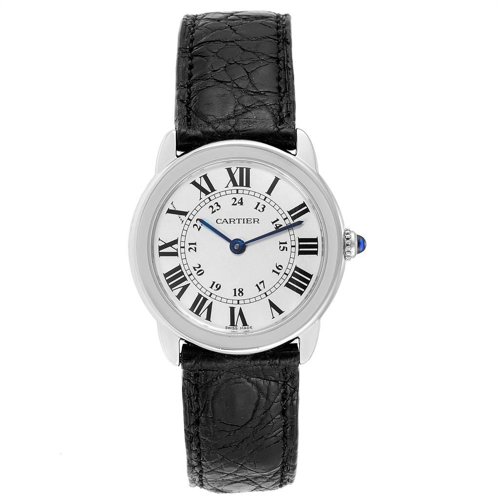 Cartier Ronde Solo Silver Dial Quarts Steel Ladies Watch W6700155 Box. Quartz movement. Stainless steel case 29 mm in diameter. Circular grained crown set with the blue spinel cabochon. Stainless steel bezel. Scratch resistant sapphire crystal.