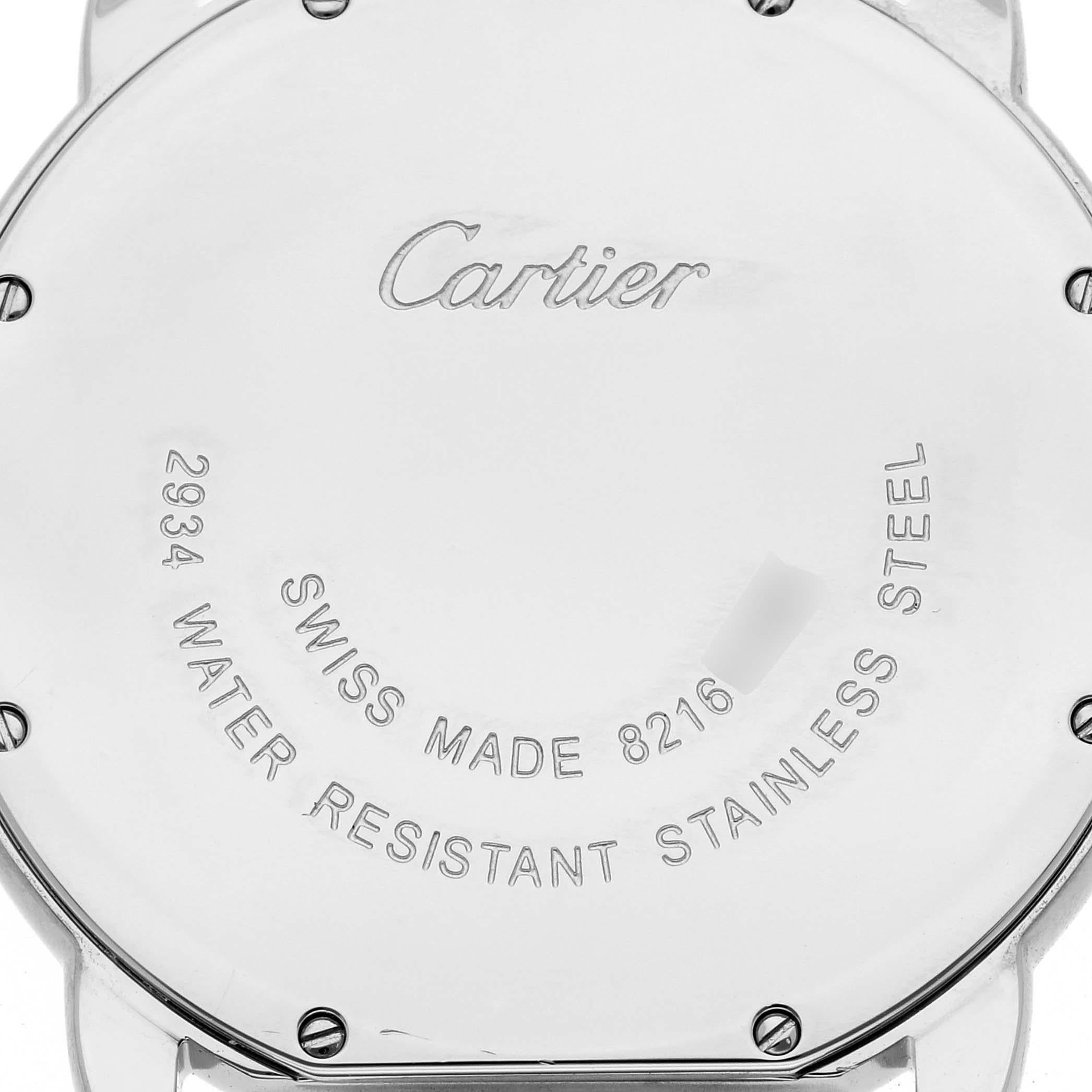 Cartier Ronde Solo Silver Dial Quartz Steel Ladies Watch WSRN0029. Quartz movement. Stainless steel case 36.0 mm in diameter. Circular grained crown set with a blue spinel cabochon. . Scratch resistant sapphire crystal. Silvered opaline dial with