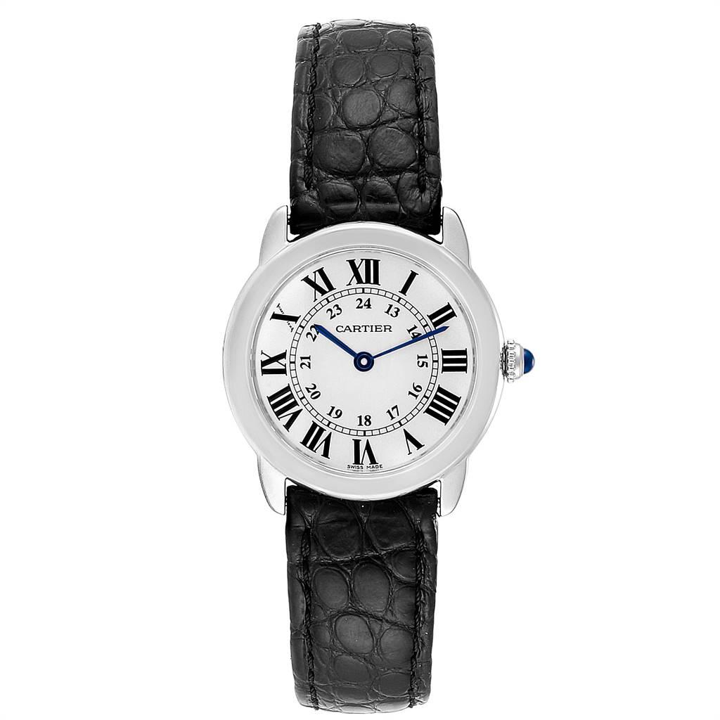 Cartier Ronde Solo Silver Dial Steel Ladies Watch W6700155. Quartz movement. Stainless steel case 29 mm in diameter. Circular grained crown set with the blue spinel cabochon. Scratch resistant sapphire crystal. Silvered opaline dial. Painted black