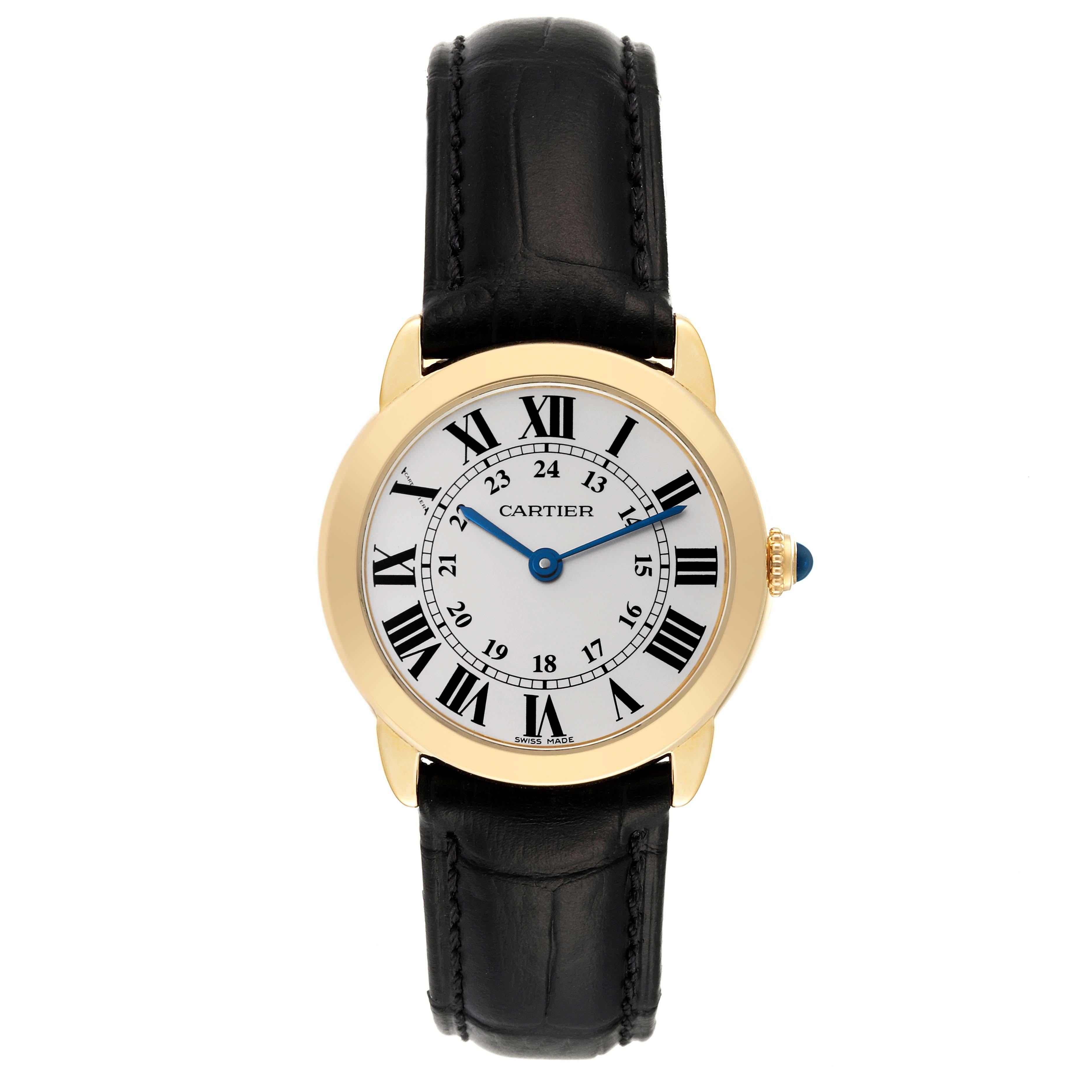 Cartier Ronde Solo Small Yellow Gold Steel Ladies Watch W6700355. Quartz movement. 18K yellow gold case 29.0 mm in diameter. Stainless steel case back. Case thickness 6.35 mm. Circular grained crown set with a blue spinel cabochon. . Scratch