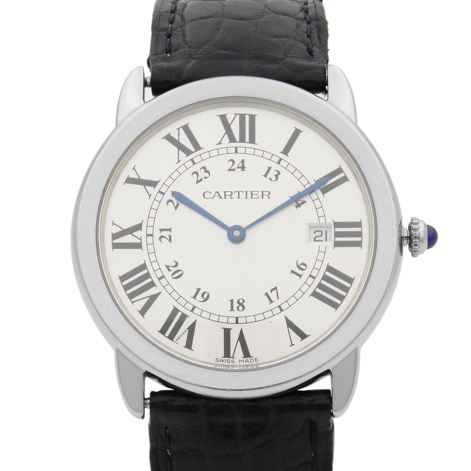 This pre-owned Cartier Ronde Solo W6700255 is a beautiful Unisex timepiece that is powered by quartz (battery) movement which is cased in a stainless steel case. It has a round shape face, date indicator dial, and has hand roman numerals style