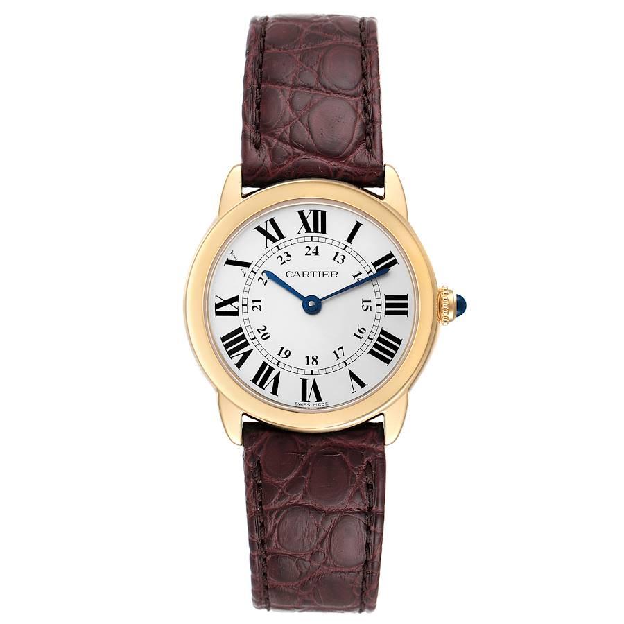 Cartier Ronde Solo Steel 18K Yellow Gold Small Ladies Watch W6700355. Quartz movement. 18K yellow gold case 29.0 mm in diameter. Stainless steel case back. Case thikness 6.35 mm. Circular grained crown set with the blue spinel cabochon. . Scratch