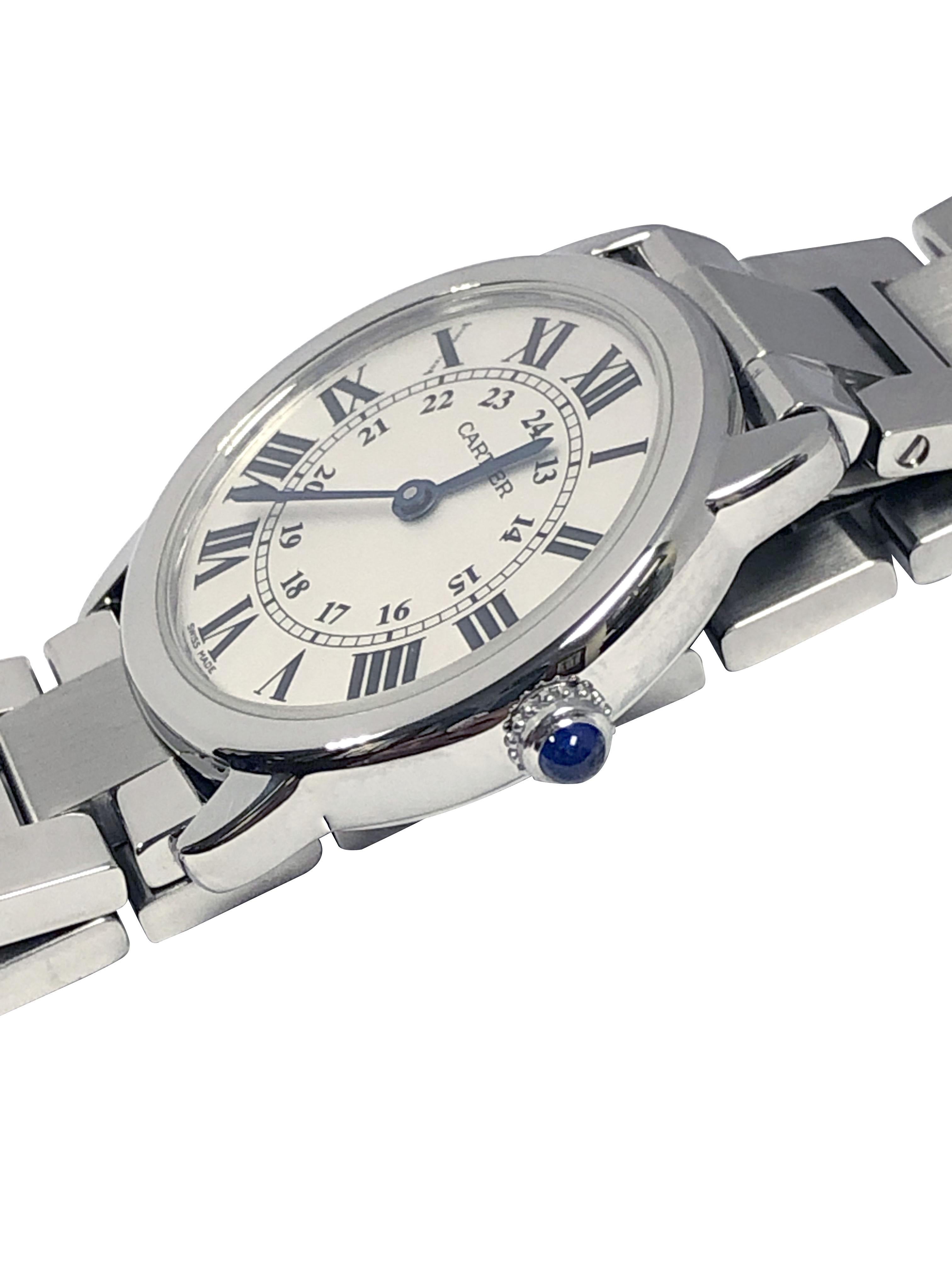 Cartier Ronde Solo Reference 3601 Ladies Wrist Watch, 29 M.M. 2 piece stainless Steel Water Resistant case, Sapphire crown, synthetic Sapphire Glass crystal, Quartz Movement, Silver Satin dial with Black Roman Numerals, 5/8 inch wide Steel Solo