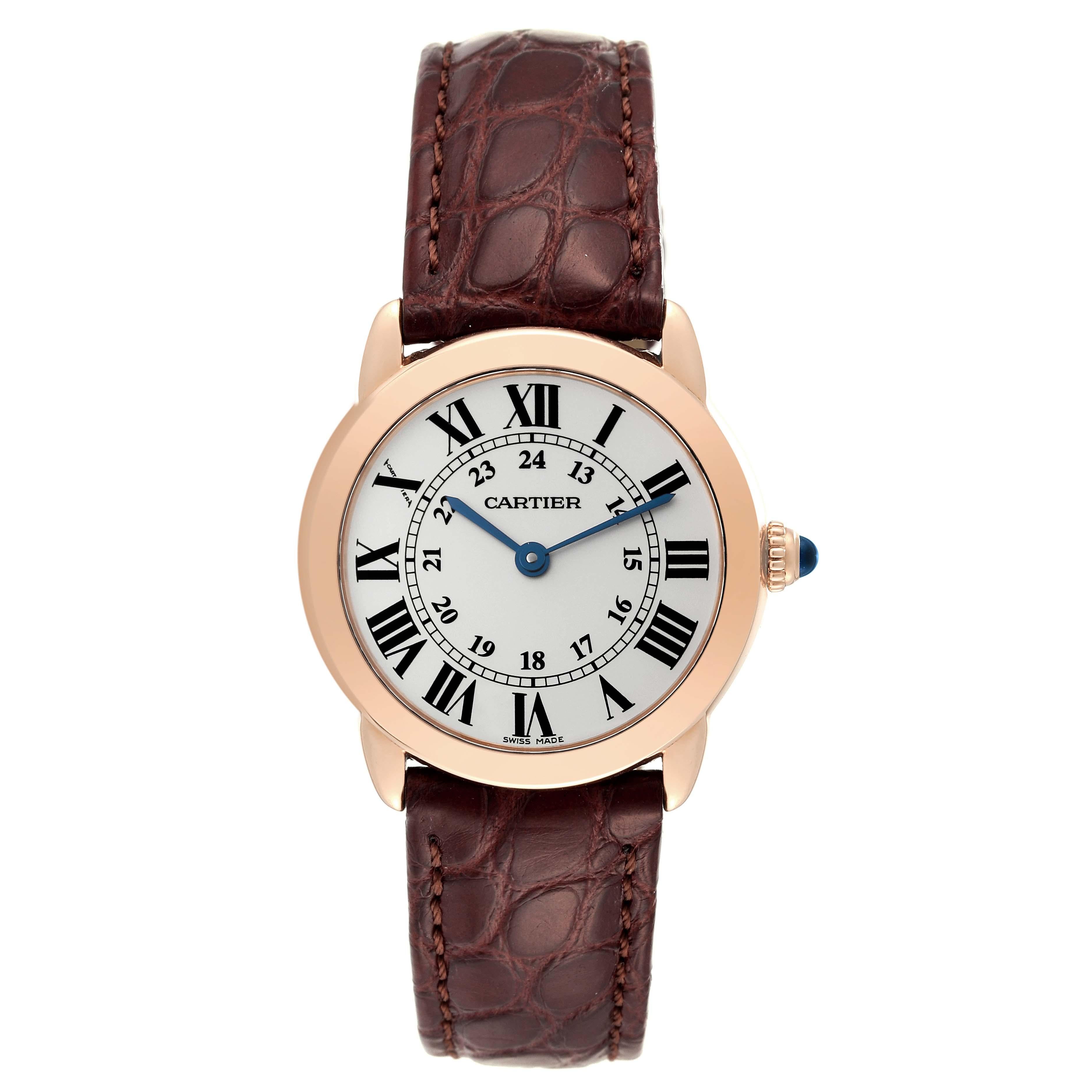 Cartier Ronde Solo Steel Rose Gold Small Ladies Watch W6701007 Card. Quartz movement. 18K rose gold case 29.0 mm in diameter. Stainless steel caseback. Case thikness 6.35 mm. Circular grained crown set with the blue spinel cabochon. . Scratch