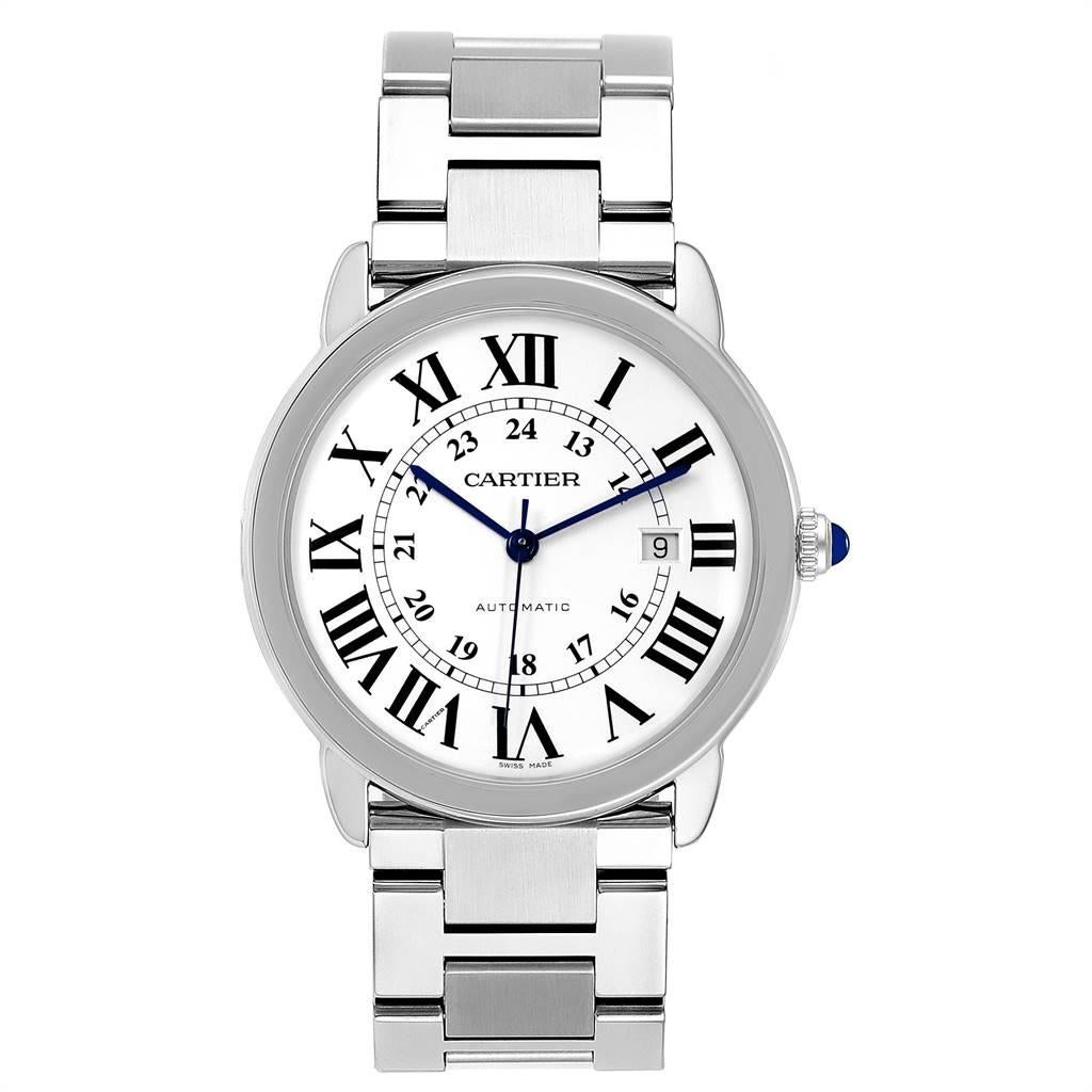 Cartier Ronde Solo XL 42mm Automatic Steel Mens Watch W6701011. Automatic self-winding movement. Stainless steel case 42.0 mm in diameter. Circular grained crown set with the blue spinel cabochon. Scratch resistant sapphire crystal. Silvered opaline