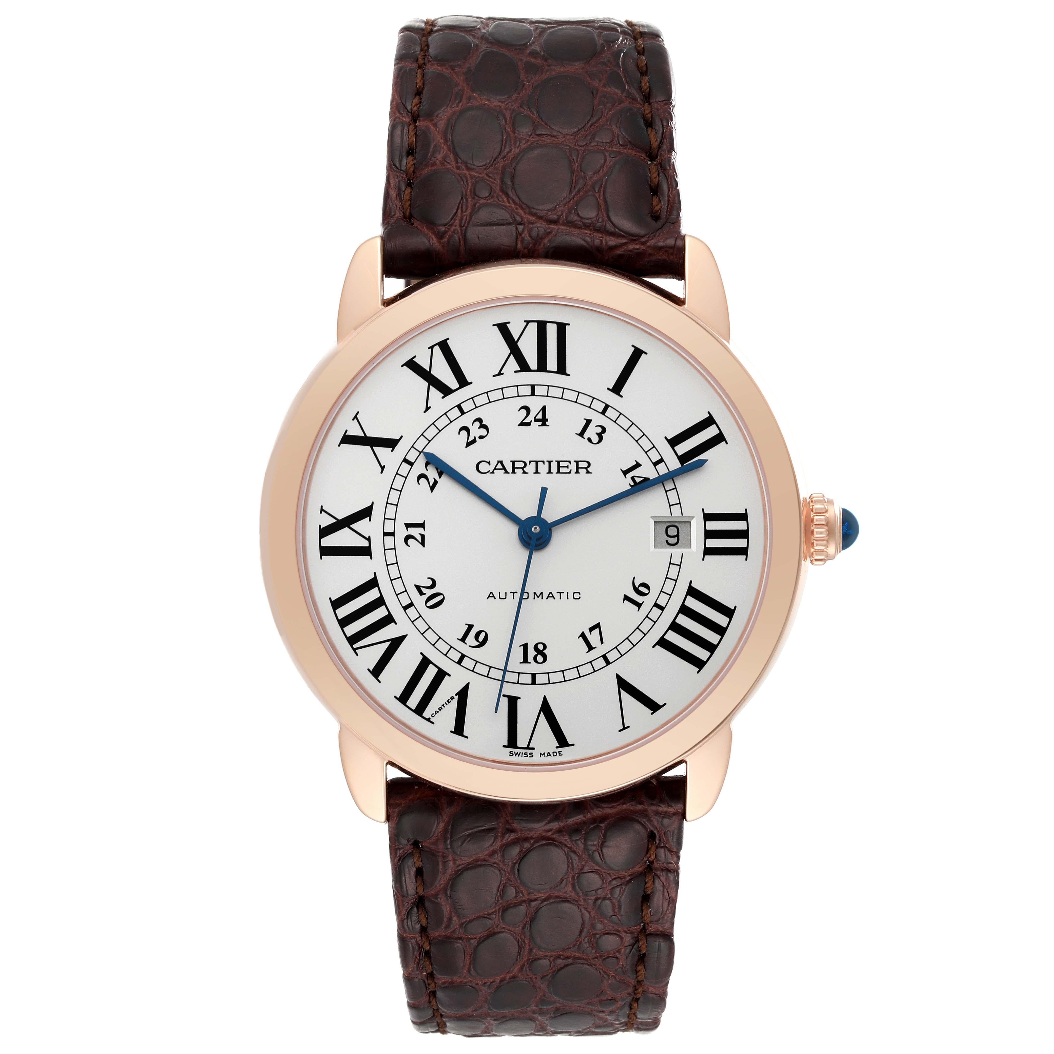 Cartier Ronde Solo XL Automatic Rose Gold Steel Mens Watch W6701009 Card. Automatic self-winding movement. 18K rose gold case 42.0 mm in diameter. Stainless steel case back. Circular grained crown set with a blue spinel cabochon. . Scratch resistant