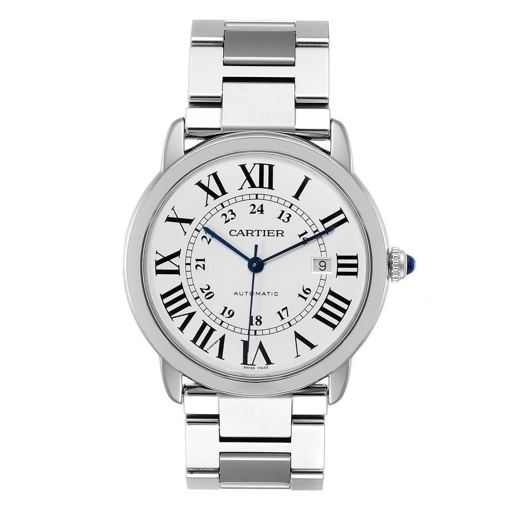 Cartier Ronde Solo XL Automatic Steel Mens Watch W6701011 Box Papers. Automatic self-winding movement. Stainless steel case 42.0 mm in diameter. Circular grained crown set with the blue spinel cabochon. Scratch resistant sapphire crystal. Silvered