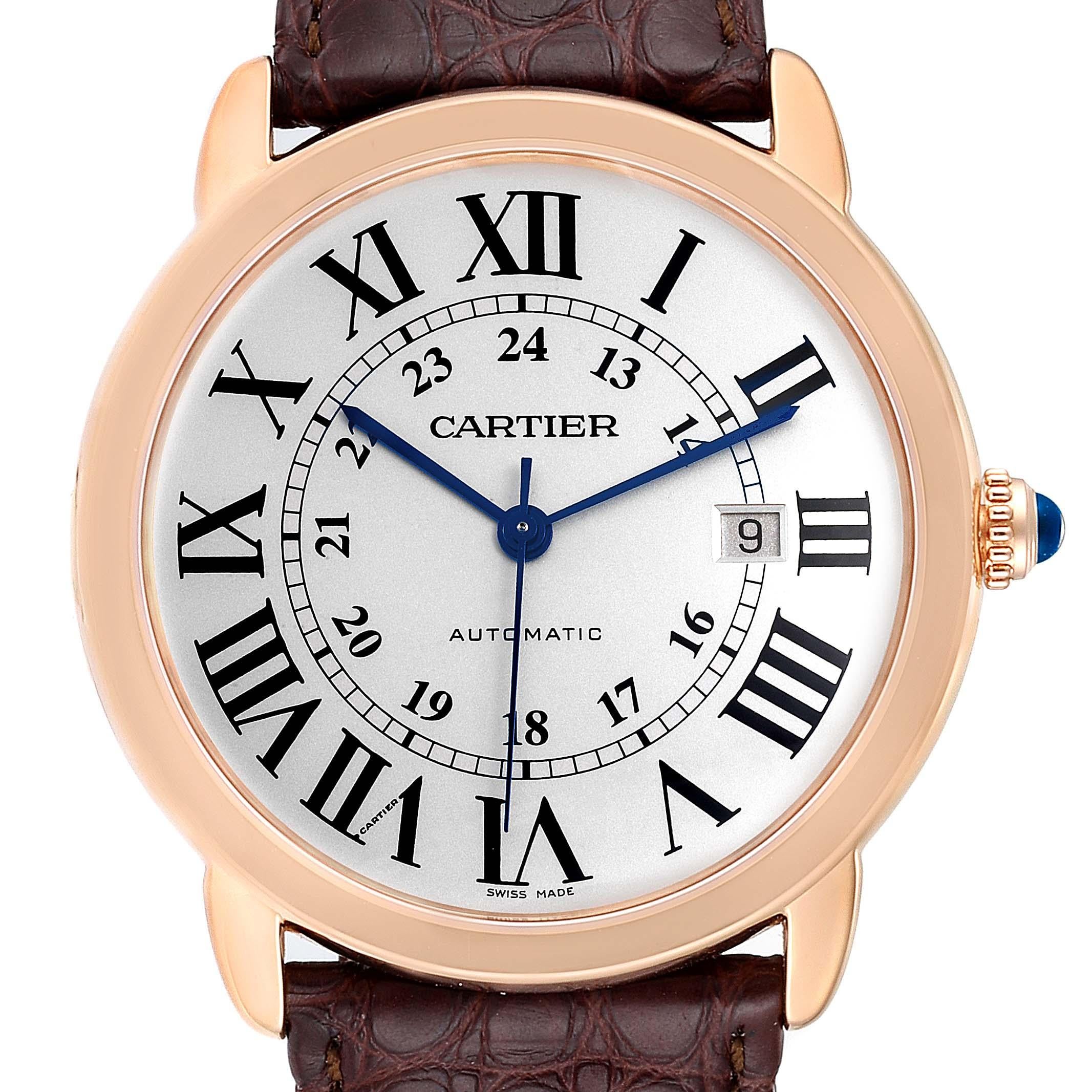 Cartier Ronde Solo XL Rose Gold Steel Mens Watch W6701009 Box Papers. Automatic self-winding movement. 18K rose gold and Stainless steel case 42.0 mm in diameter. Circular grained crown set with the blue spinel cabochon. . Scratch resistant sapphire