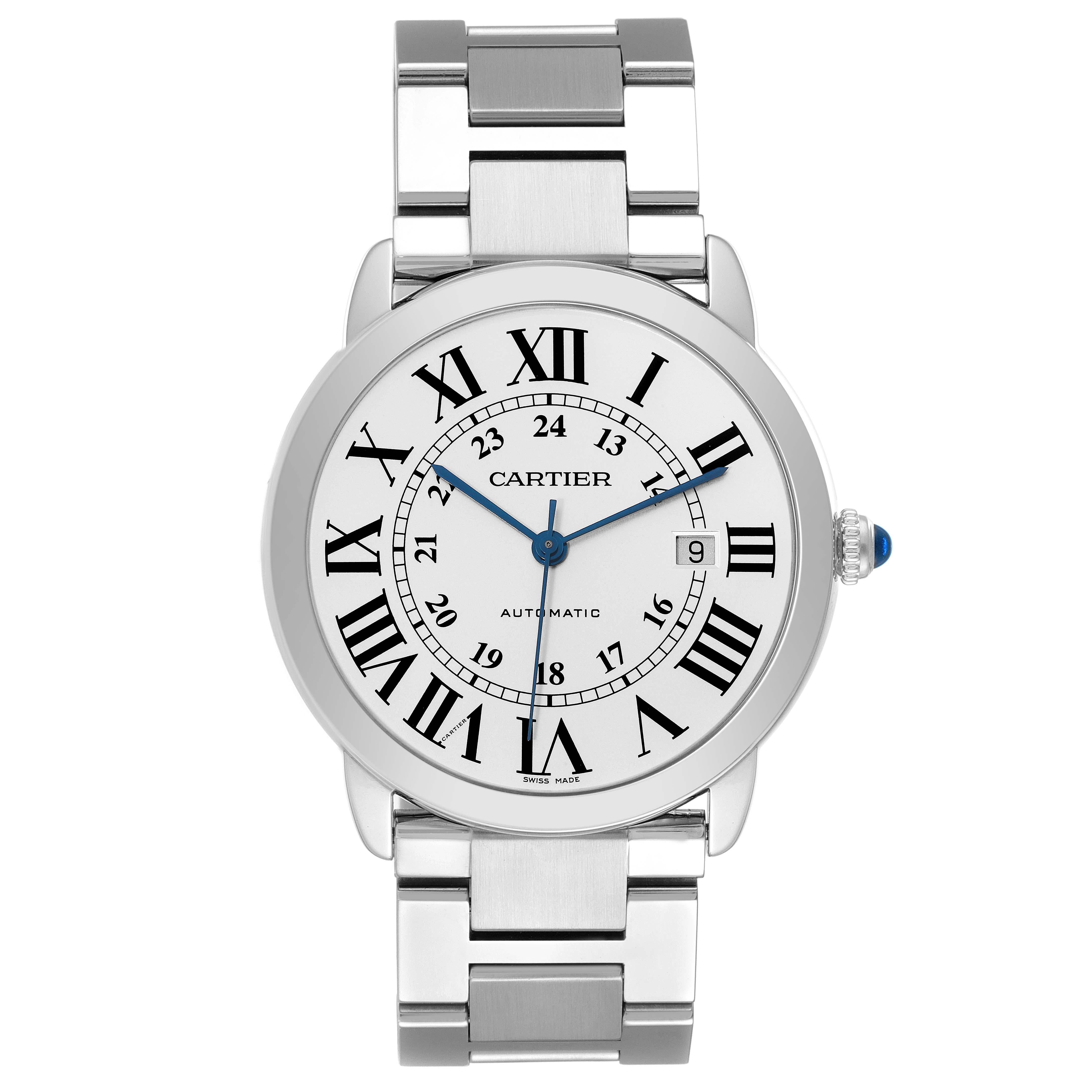 Cartier Ronde Solo XL Silver Dial Automatic Mens Watch W6701011. Automatic self-winding movement. Stainless steel case 42.0 mm in diameter. Circular grained crown set with the blue spinel cabochon. . Scratch resistant sapphire crystal. Silvered