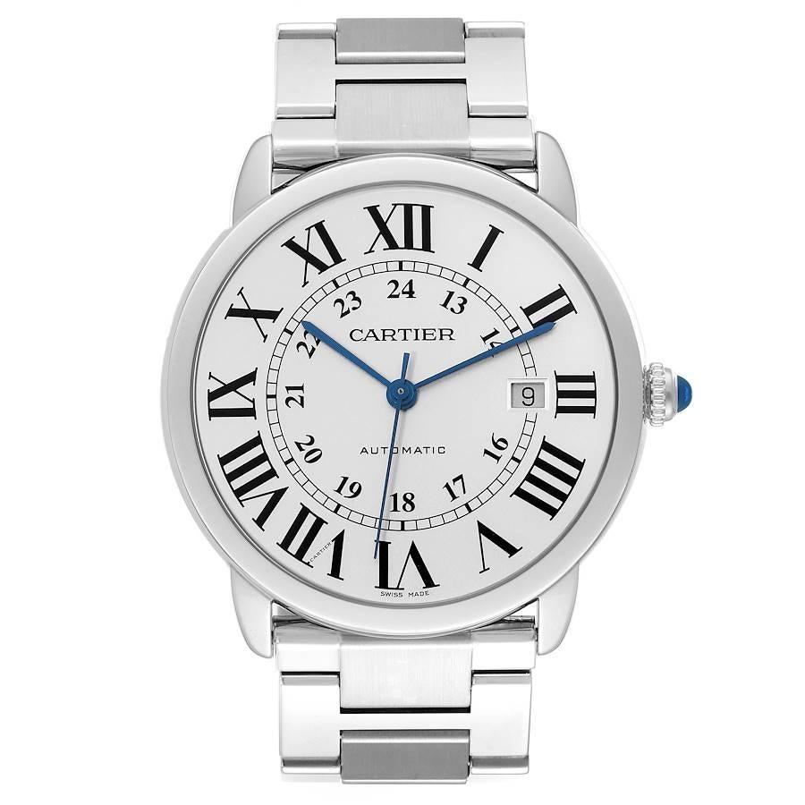 Cartier Ronde Solo XL Silver Dial Automatic Mens Watch W6701011 Pouch Papers. Automatic self-winding movement. Stainless steel case 42.0 mm in diameter. Circular grained crown set with the blue spinel cabochon. . Scratch resistant sapphire crystal.