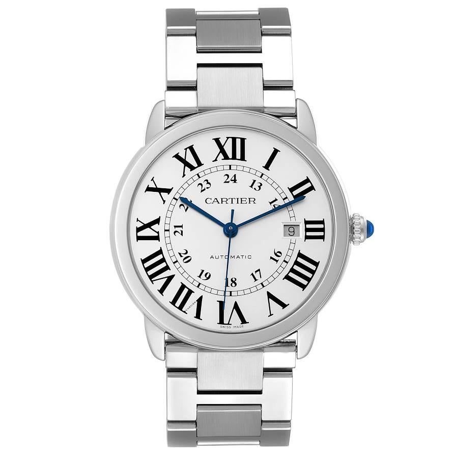Cartier Ronde Solo XL Cadran argenté Montre automatique en acier W6701011 Carte de boîte. Mouvement automatique à remontage automatique. Boîtier en acier inoxydable de 42,0 mm de diamètre. Couronne circulaire grainée sertie d'un cabochon de spinelle