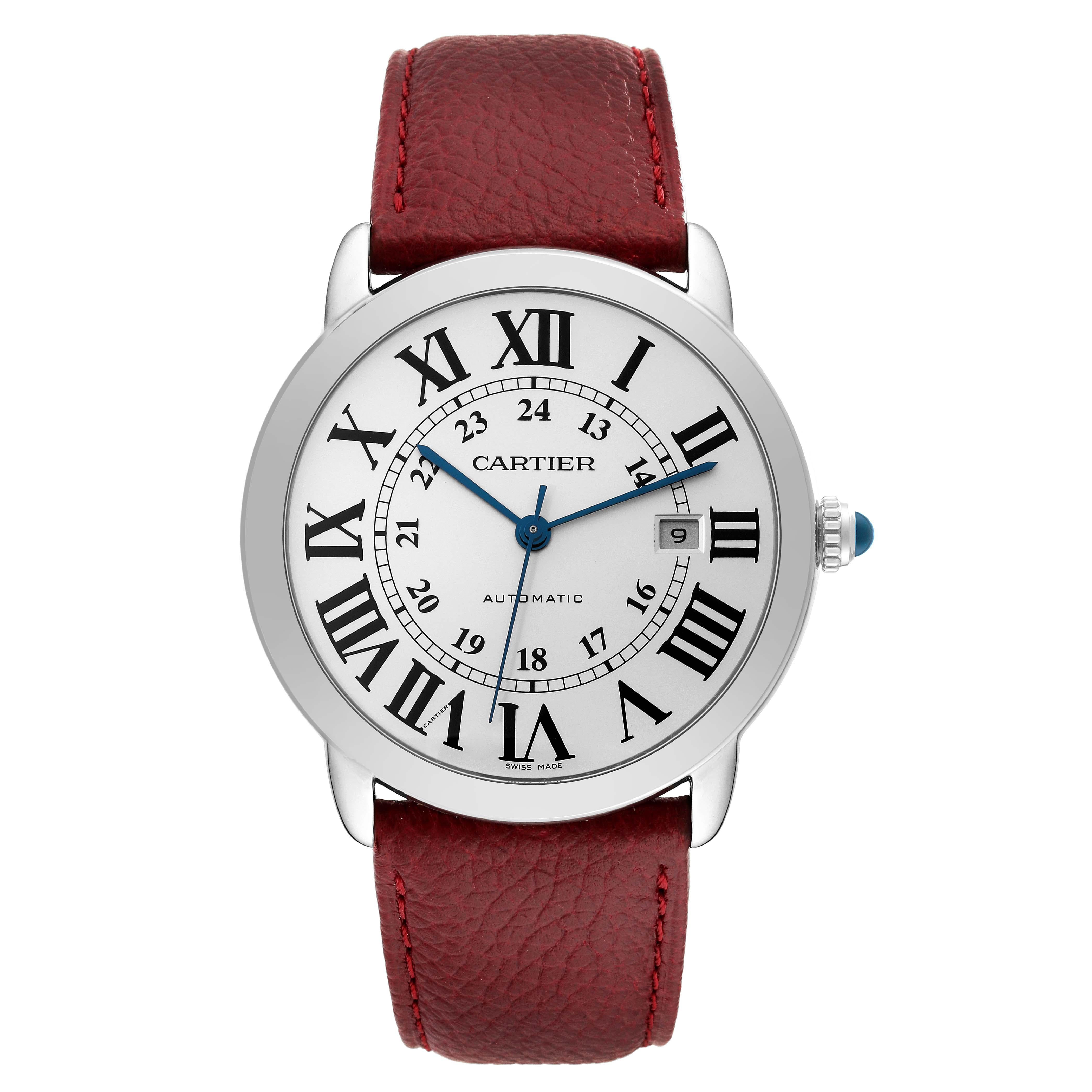 Cartier Ronde Solo XL Silver Dial Steel Mens Watch W6701010 Box Papers. Automatic self-winding movement. Stainless steel case 42.0 mm in diameter. Circular grained crown set with the blue spinel cabochon. . Scratch resistant sapphire crystal.