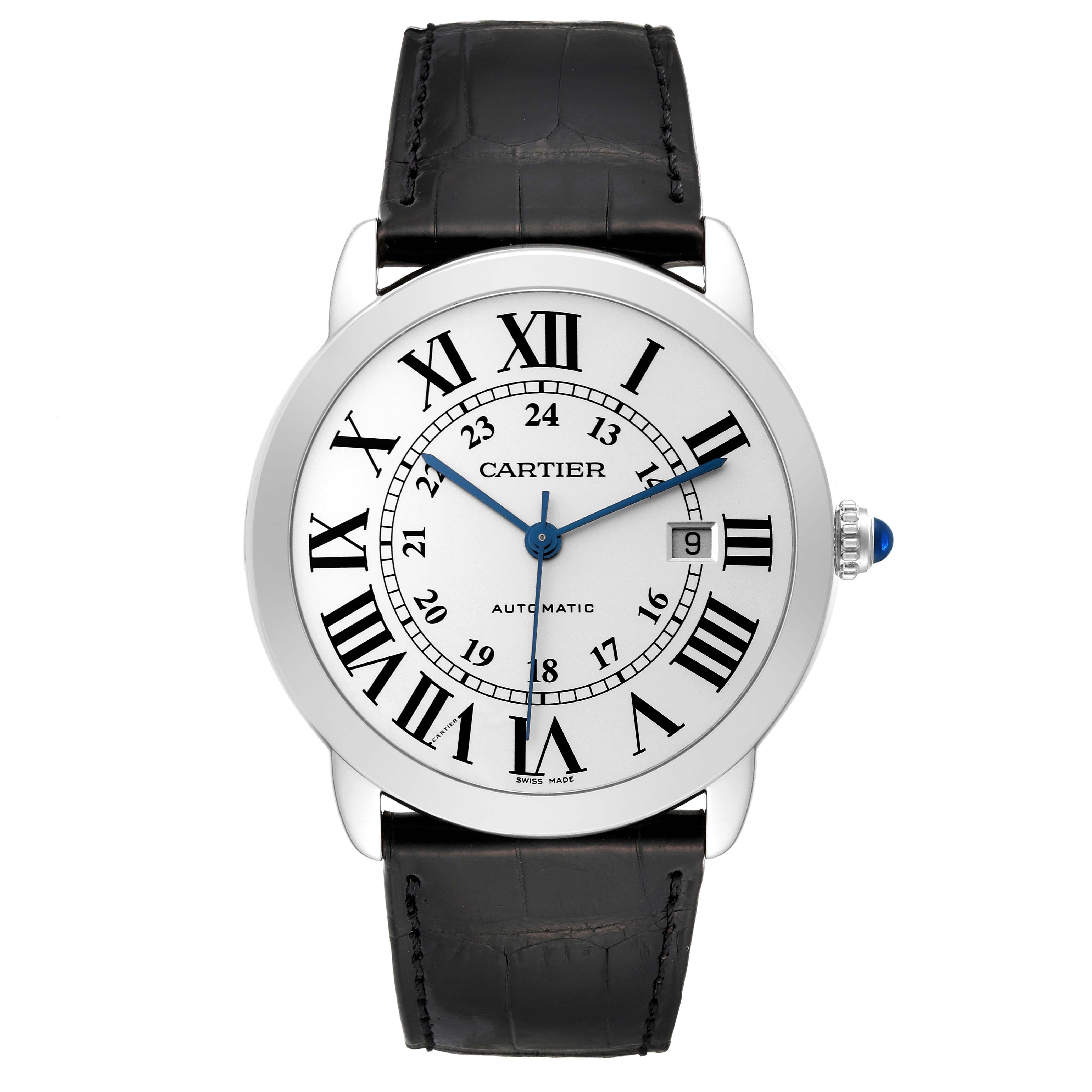Cartier Ronde Solo XL Silver Dial Steel Mens Watch W6701010. Automatic self-winding movement. Stainless steel case 42.0 mm in diameter. Circular grained crown set with the blue spinel cabochon. . Scratch resistant sapphire crystal. Silvered opaline