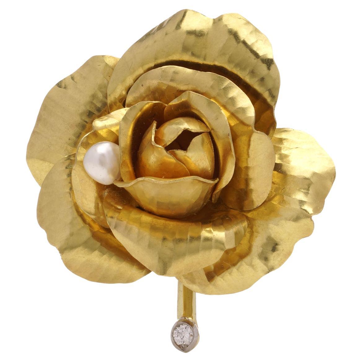 Cartier Blumen-Diamant- und Perlenbrosche aus 18 Karat Gold