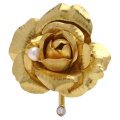 Cartier Rose Diamond and Pearl Brooch in 18kt Yellow Gold