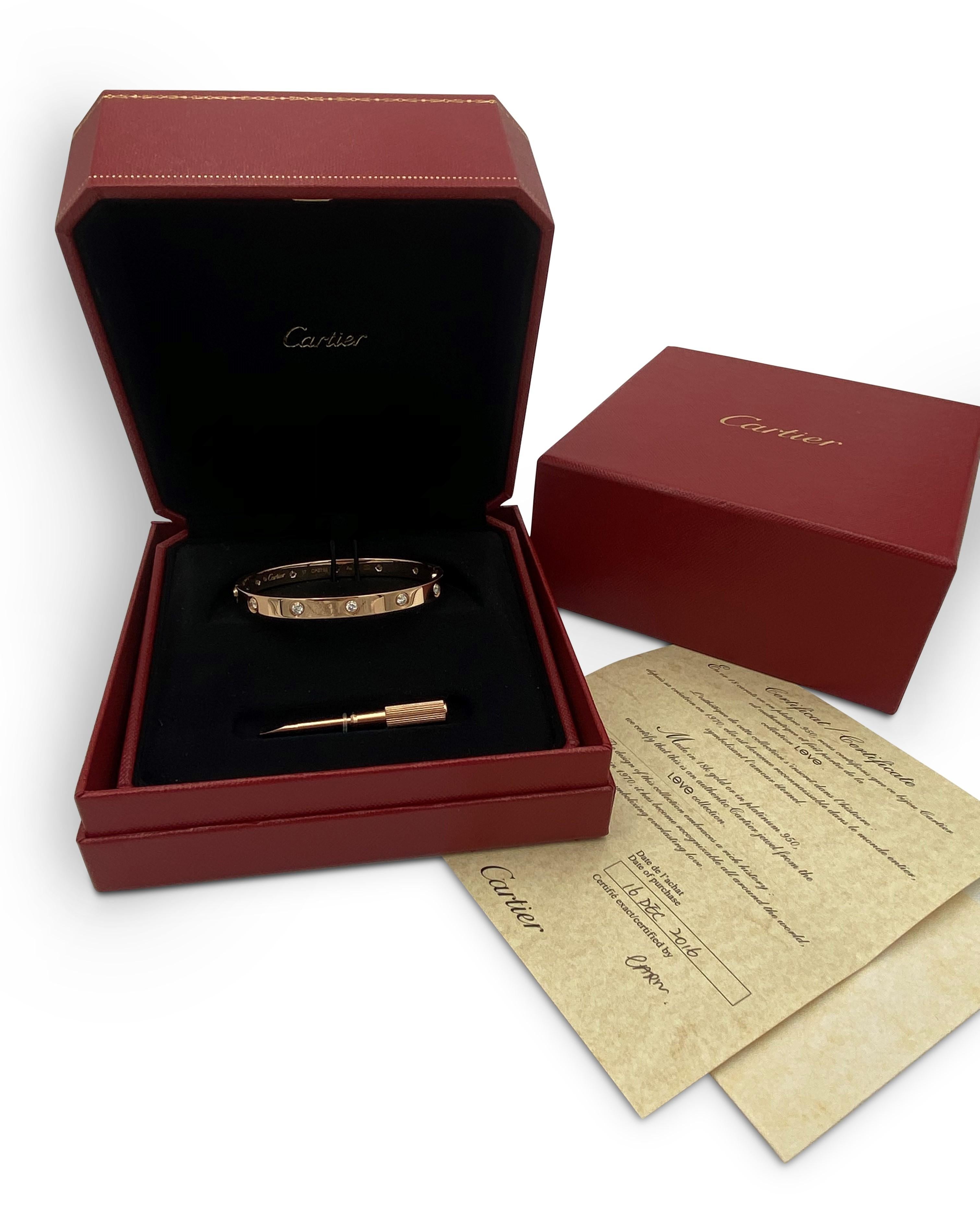 Round Cut Cartier Rose Gold 10 Diamond Love Bracelet