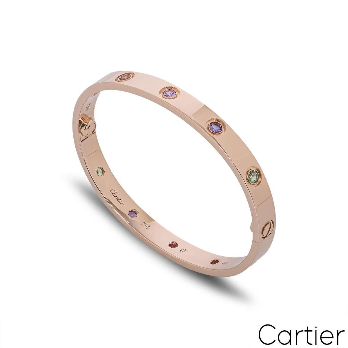 An 18k rose gold bracelet by Cartier, from their Love collection. Set with 10 coloured stones, including rose and yellow sapphires, green and orange garnets and amethysts. This bracelet features the new style screw system and is a size 16 with a