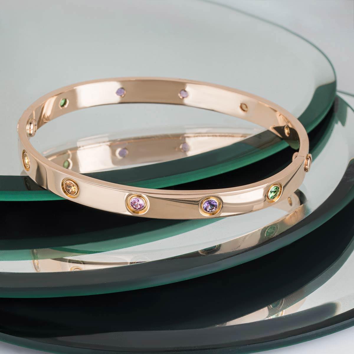 Round Cut Cartier Rose Gold Coloured Stones Love Bracelet Size 16 B6036516 For Sale