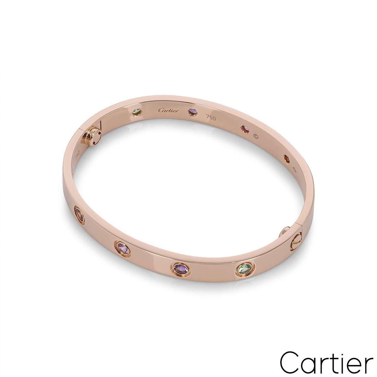 Cartier Rose Gold Coloured Stones Multi Gem Love Bracelet Size 18 B6036518 In Excellent Condition In London, GB