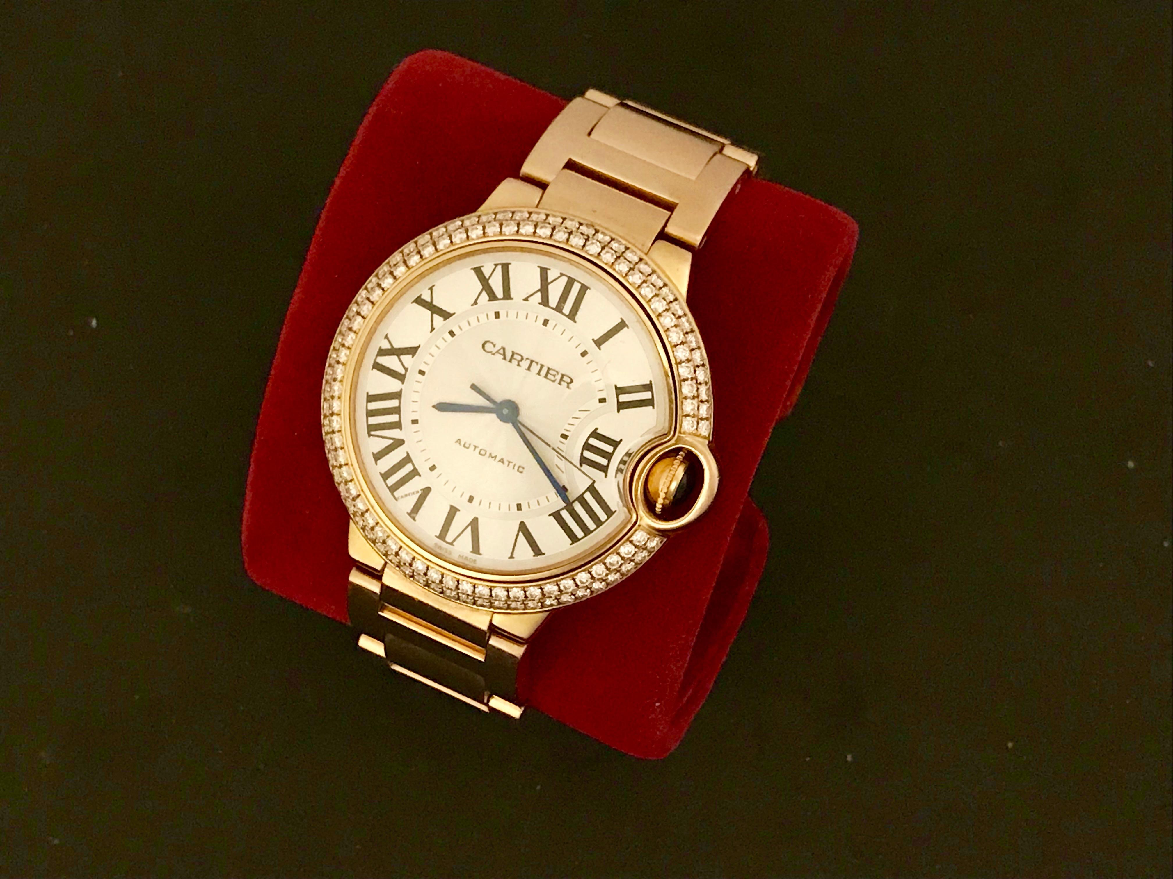 Contemporary Cartier Rose Gold Diamond Bezel Ballon Bleu Automatic Wristwatch 