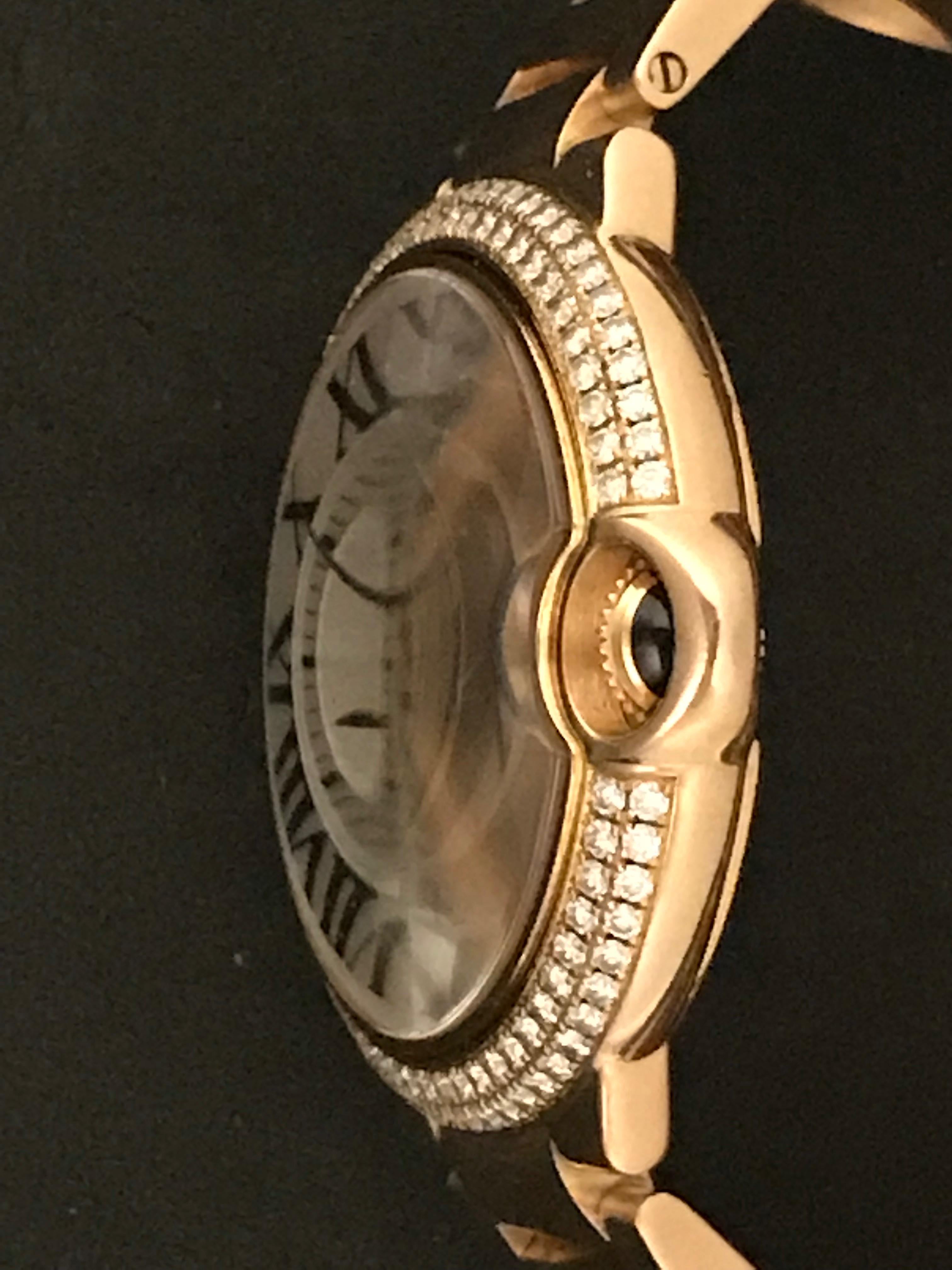 Round Cut Cartier Rose Gold Diamond Bezel Ballon Bleu Automatic Wristwatch 
